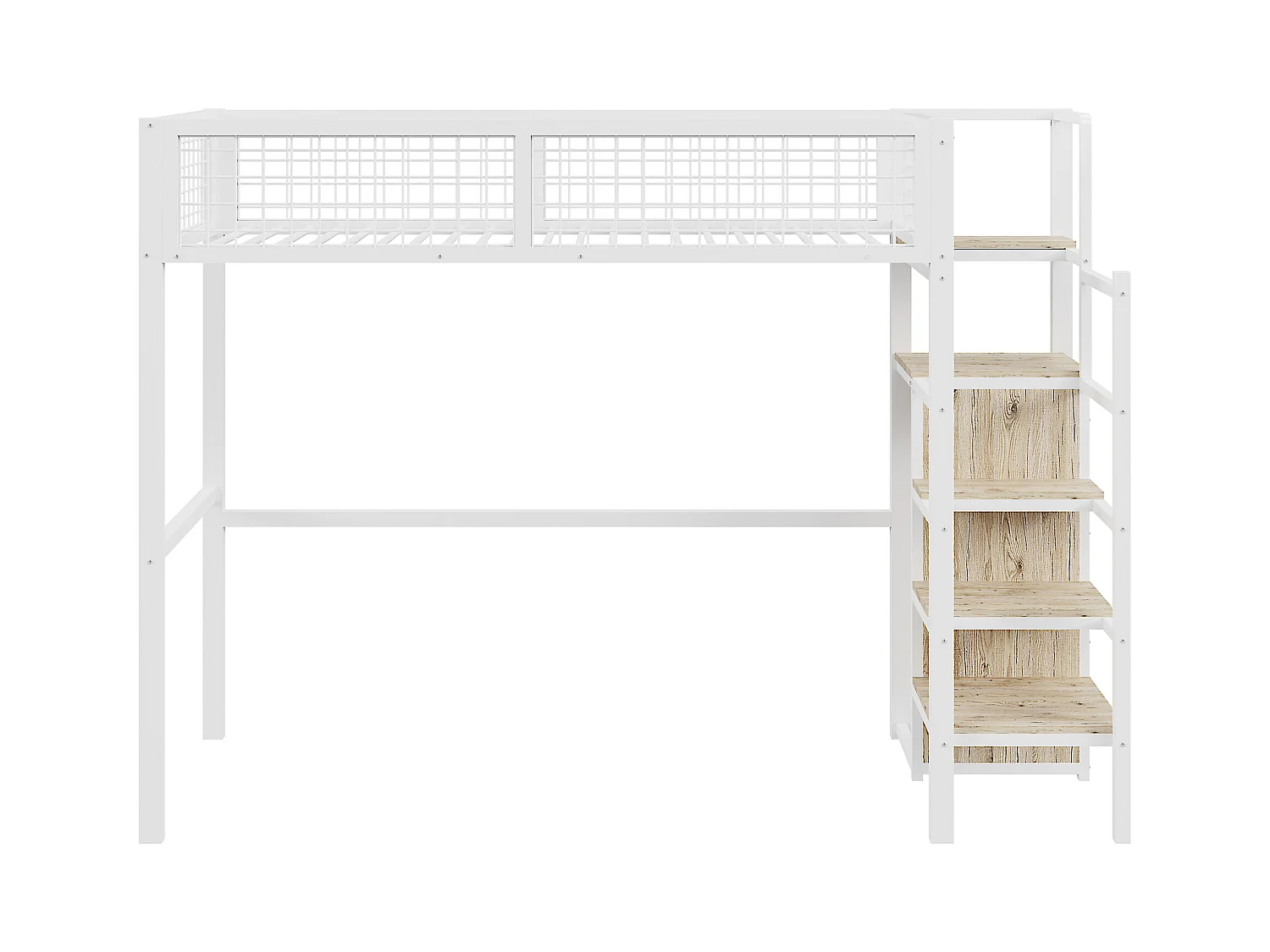 Lit mezzanine 90 x 200 cm avec penderie et étagères et rangements - Métal + bois MDF - Blanc