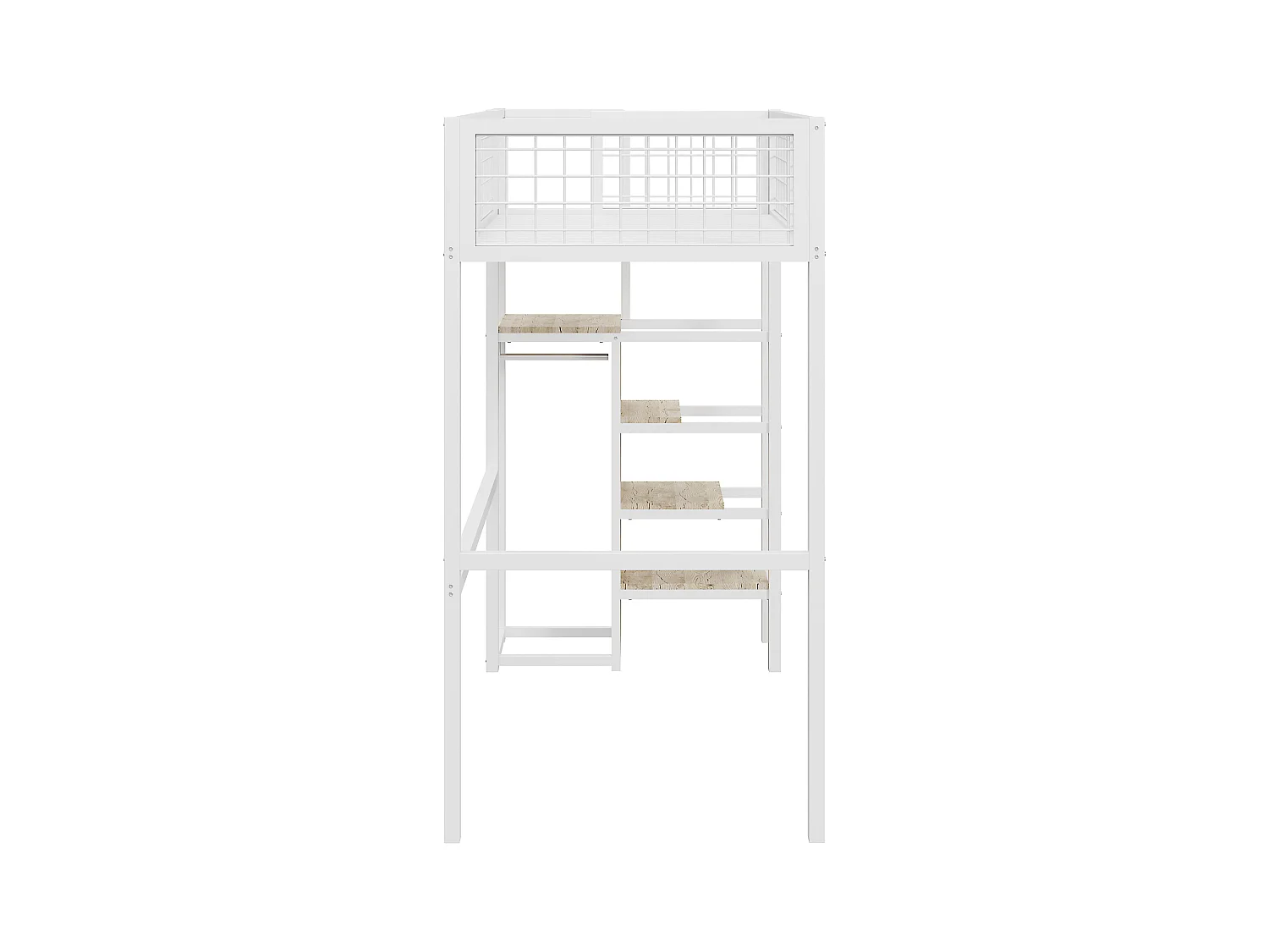 Lit mezzanine 90 x 200 cm avec penderie et étagères et rangements - Métal + bois MDF - Blanc