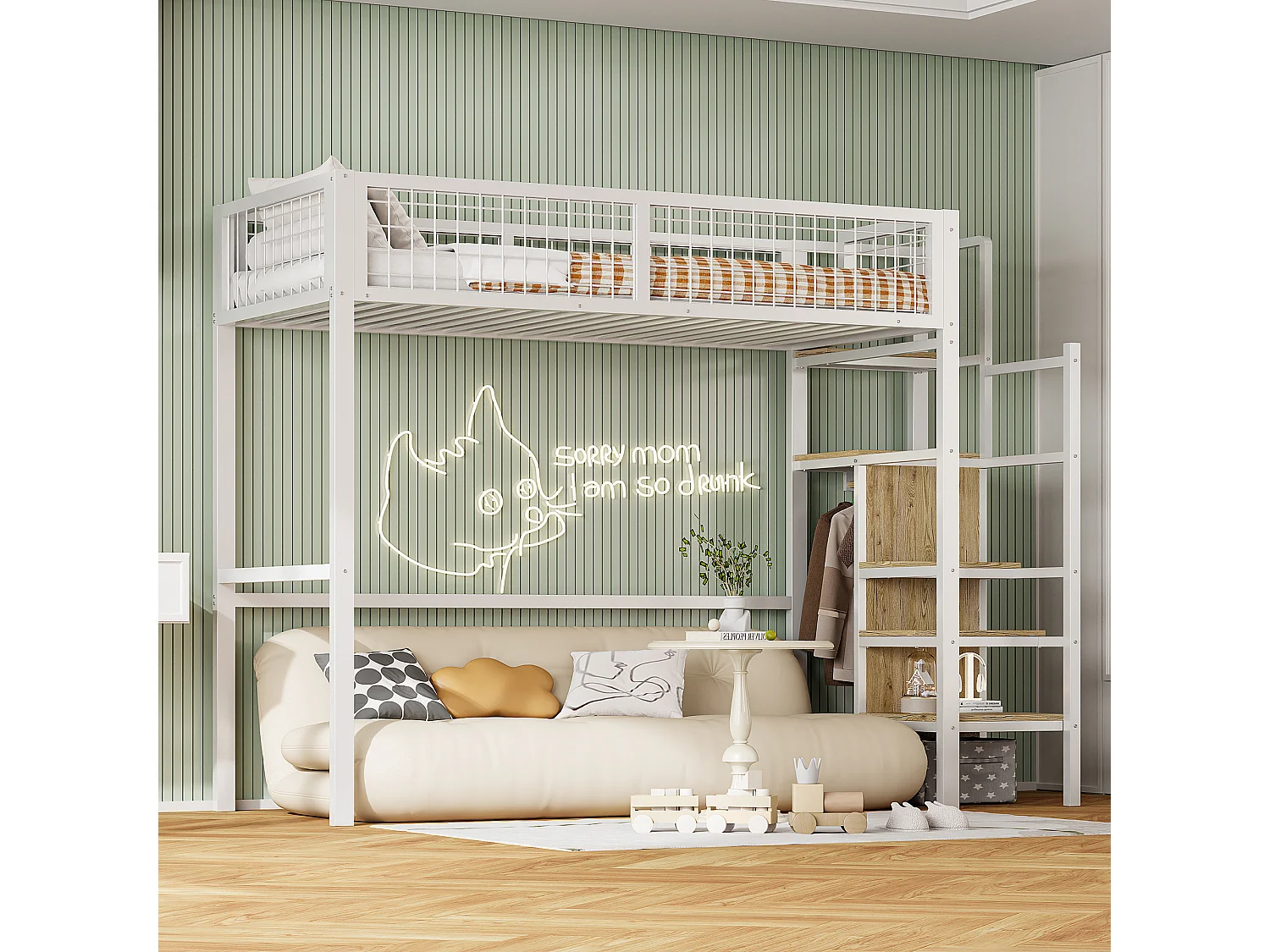 Lit mezzanine 90 x 200 cm avec penderie et étagères et rangements - Métal + bois MDF - Blanc