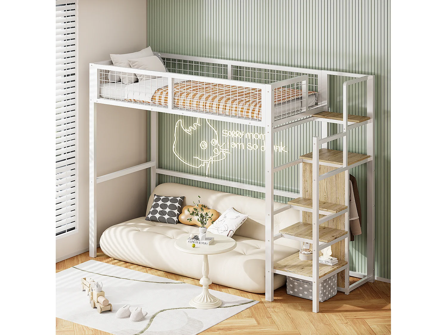 Lit mezzanine 90 x 200 cm avec penderie et étagères et rangements - Métal + bois MDF - Blanc