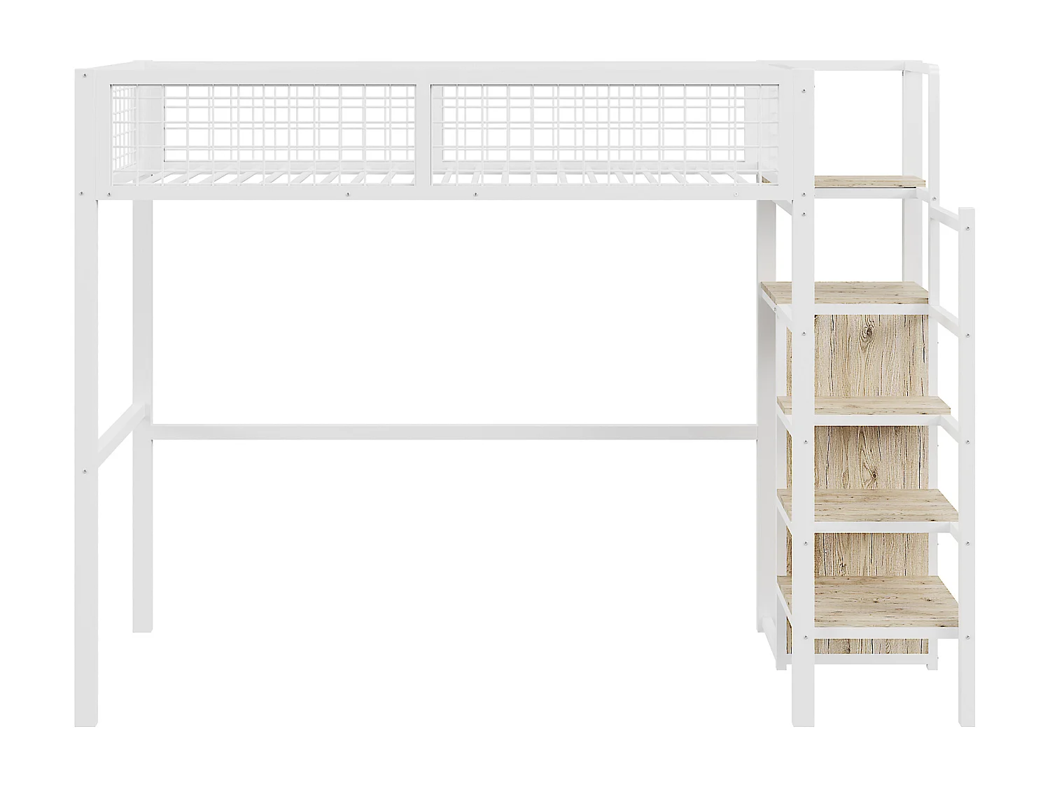 Lit mezzanine 90 x 200 cm avec penderie et étagères et rangements - Métal + bois MDF - Blanc
