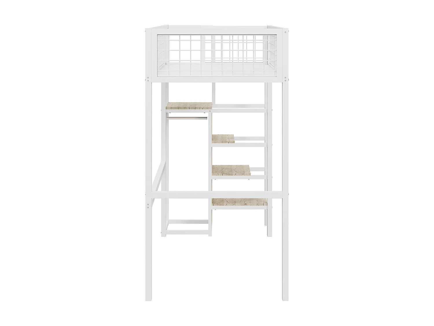 Lit mezzanine 90 x 200 cm avec penderie et étagères et rangements - Métal + bois MDF - Blanc
