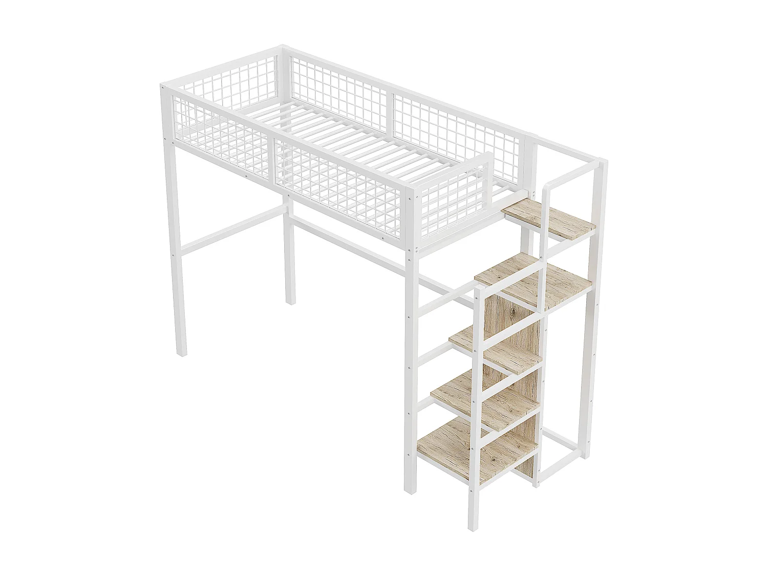 Lit mezzanine 90 x 200 cm avec penderie et étagères et rangements - Métal + bois MDF - Blanc
