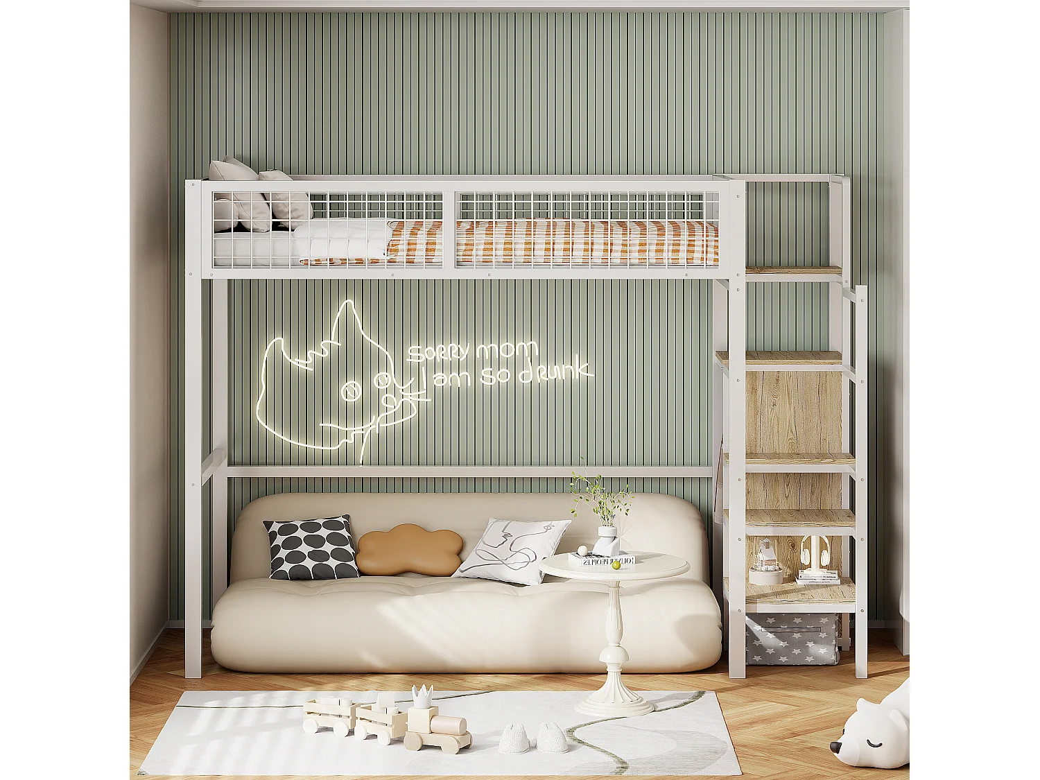 Lit mezzanine 90 x 200 cm avec penderie et étagères et rangements - Métal + bois MDF - Blanc