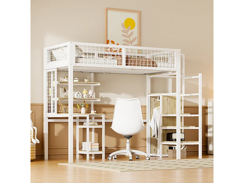 Cama entrepiso 90 x 200 cm con escritorio, armario, estanterías y almacenaje - Metal + madera MDF - Blanco