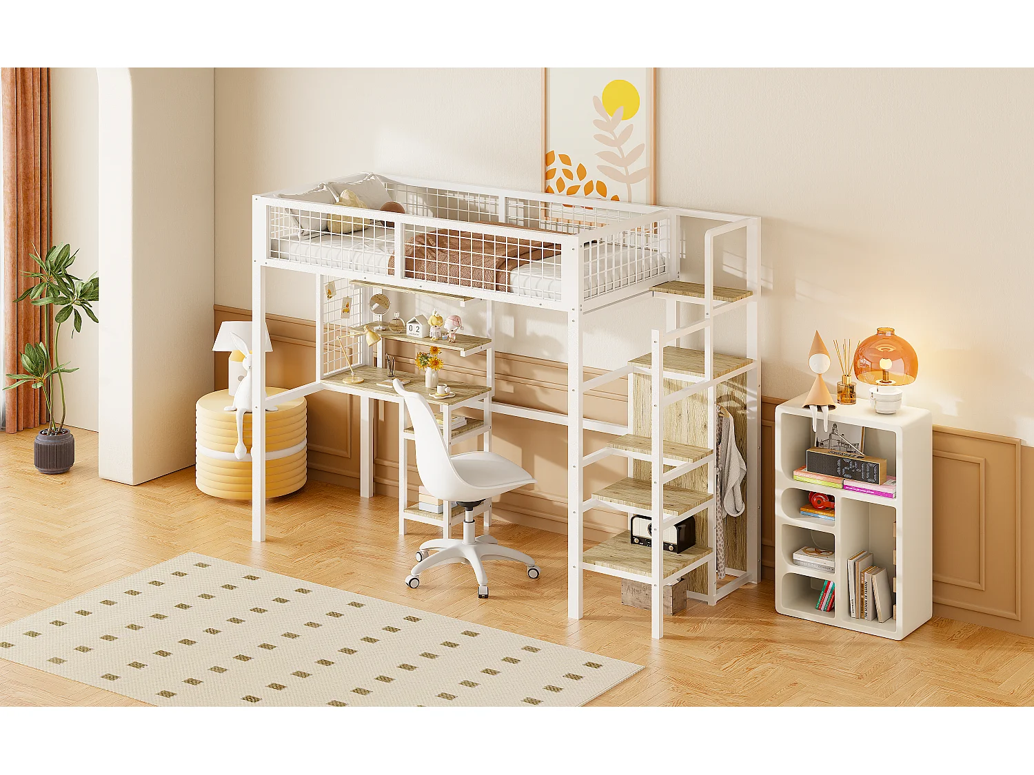 Mezzaninebed 90 x 200 cm met bureau, kledingkast en planken en opbergruimte - Metaal + MDF hout - Wit