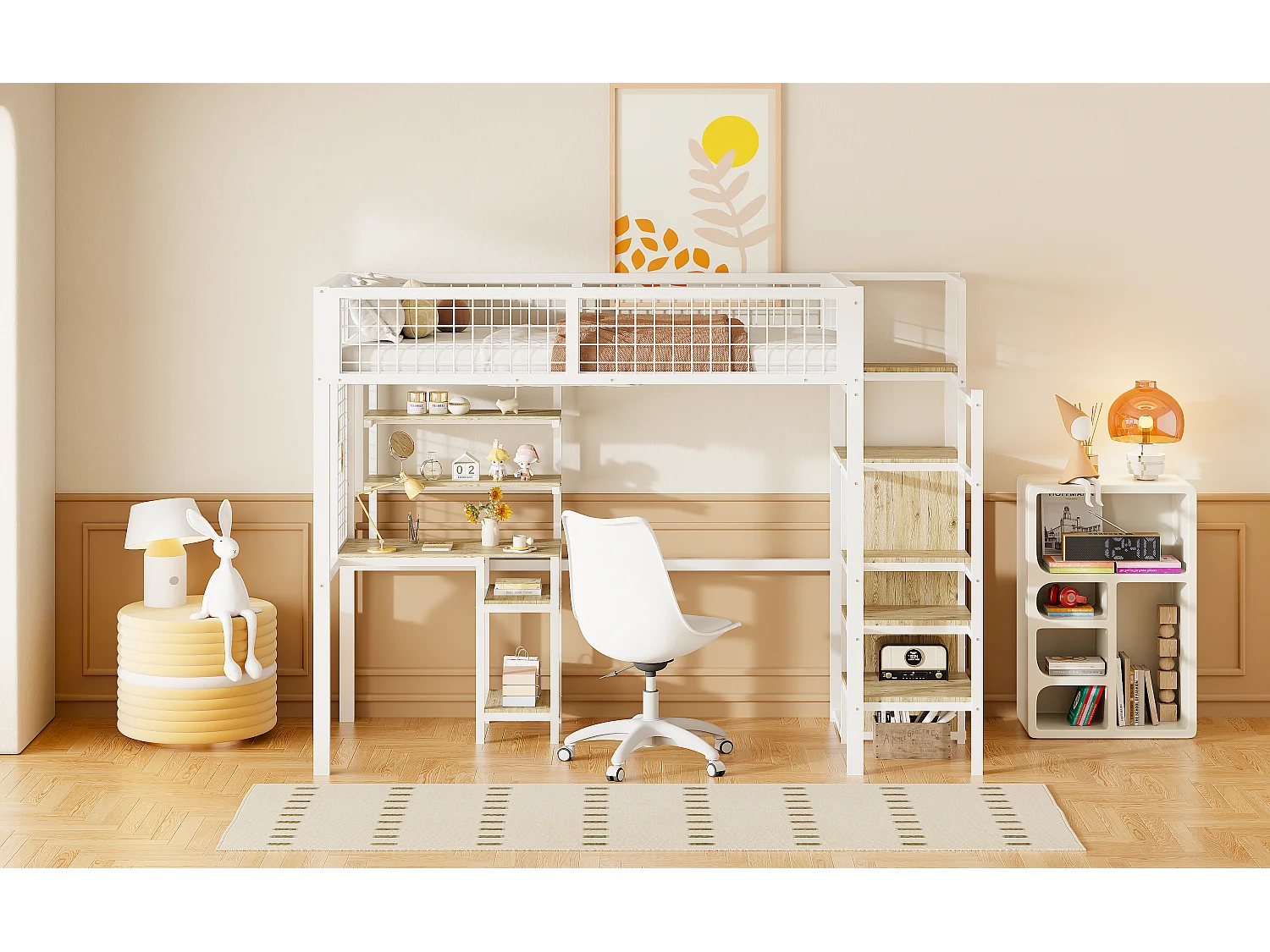 Mezzaninebed 90 x 200 cm met bureau, kledingkast en planken en opbergruimte - Metaal + MDF hout - Wit