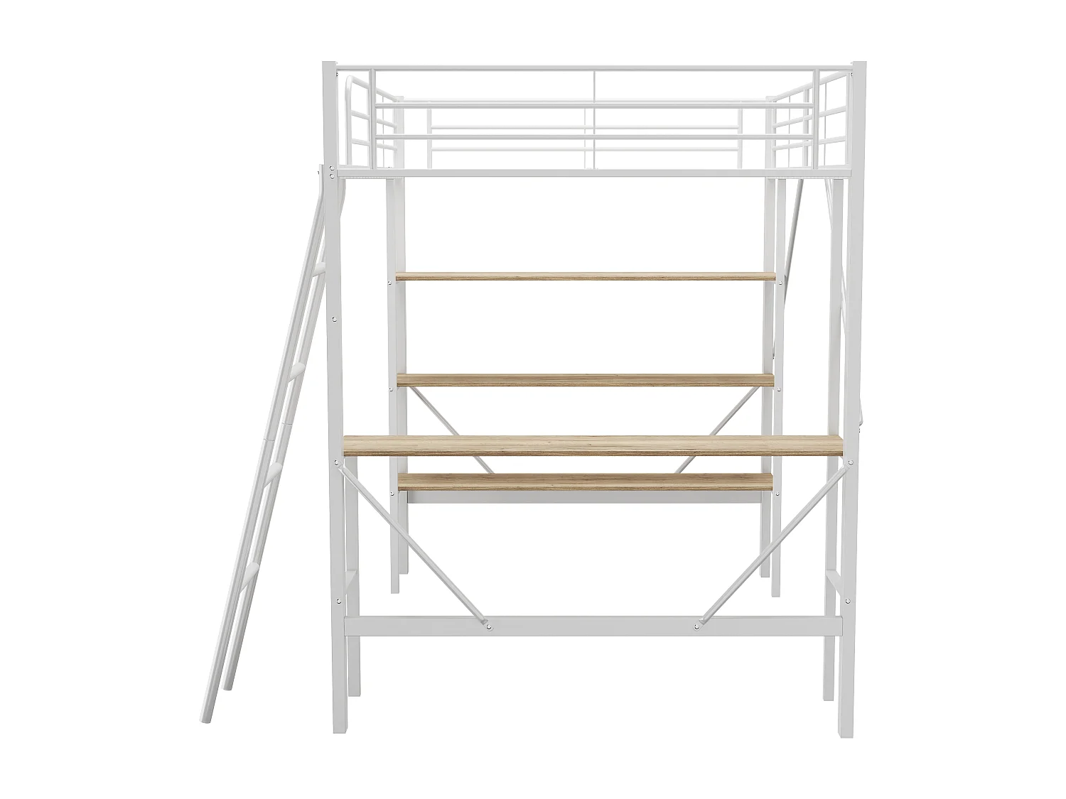 Hochbett 90 x 200 cm mit Schreibtisch und Regalen – Metall – Farbe Weiß