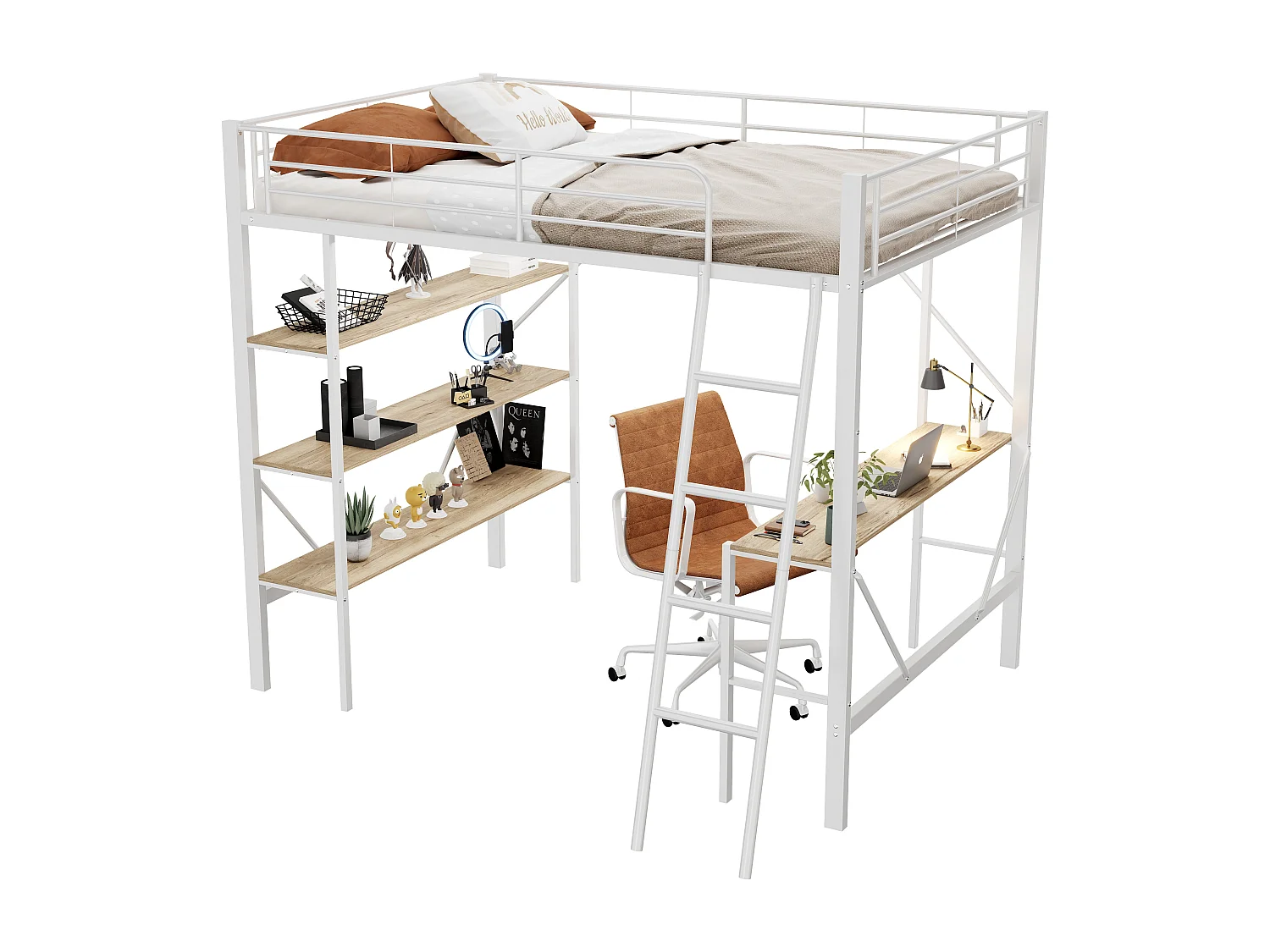 Lit mezzanine 90 x 200 cm avec bureau et étagères de ragement - Métal - Coloris blanc