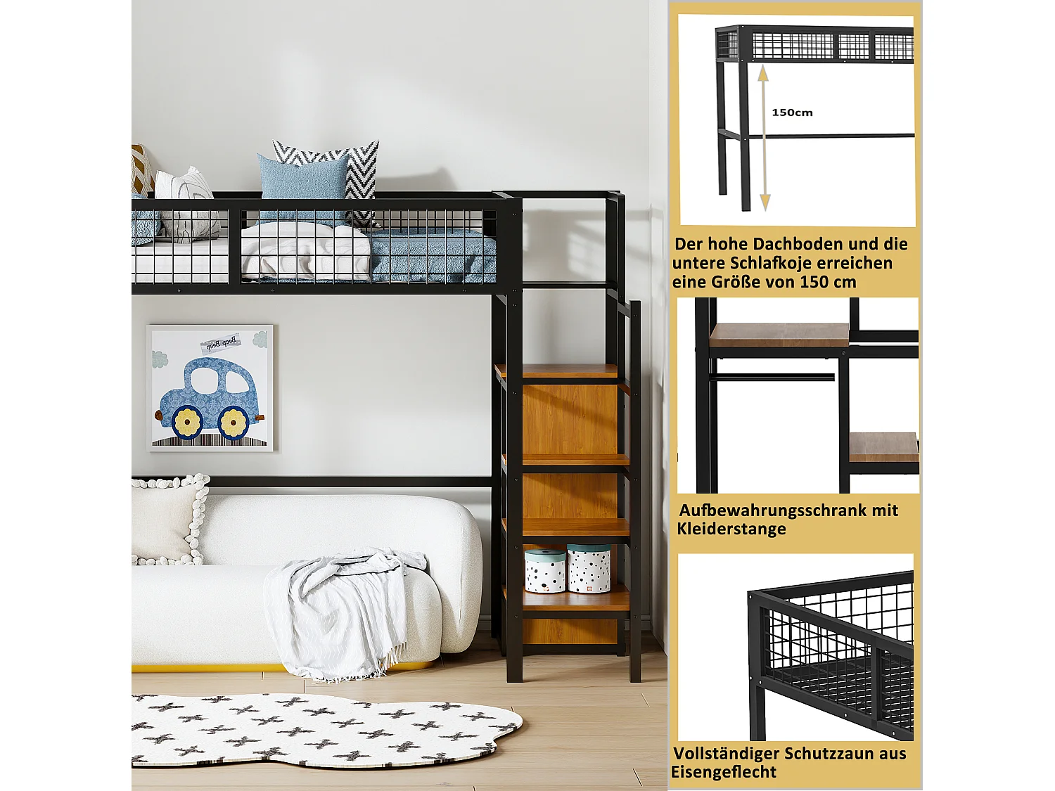 Mezzaninebed 90 x 200 cm met kledingkast, planken en opbergruimte - Metaal + MDF-hout - Zwart