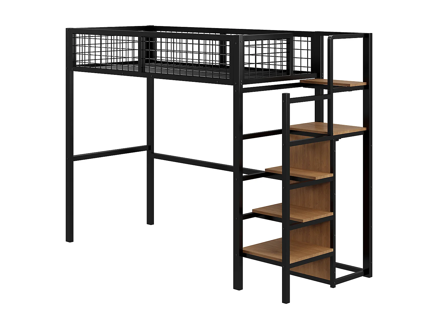 Mezzaninebed 90 x 200 cm met kledingkast, planken en opbergruimte - Metaal + MDF-hout - Zwart