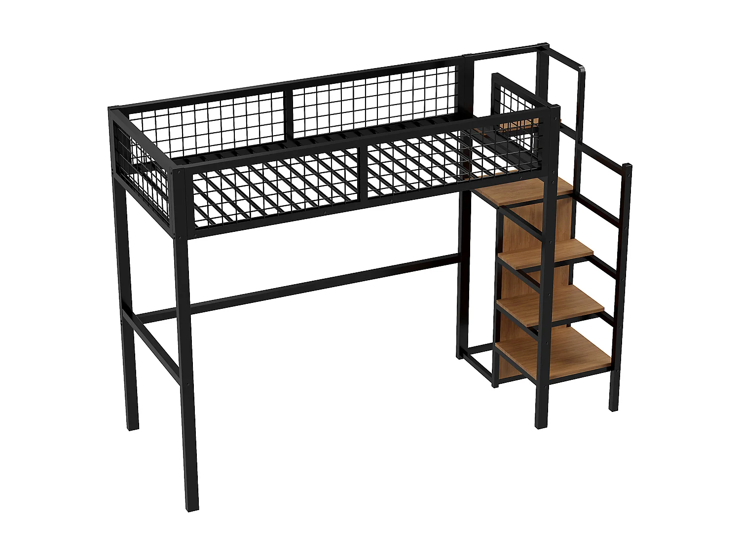 Mezzaninebed 90 x 200 cm met kledingkast, planken en opbergruimte - Metaal + MDF-hout - Zwart