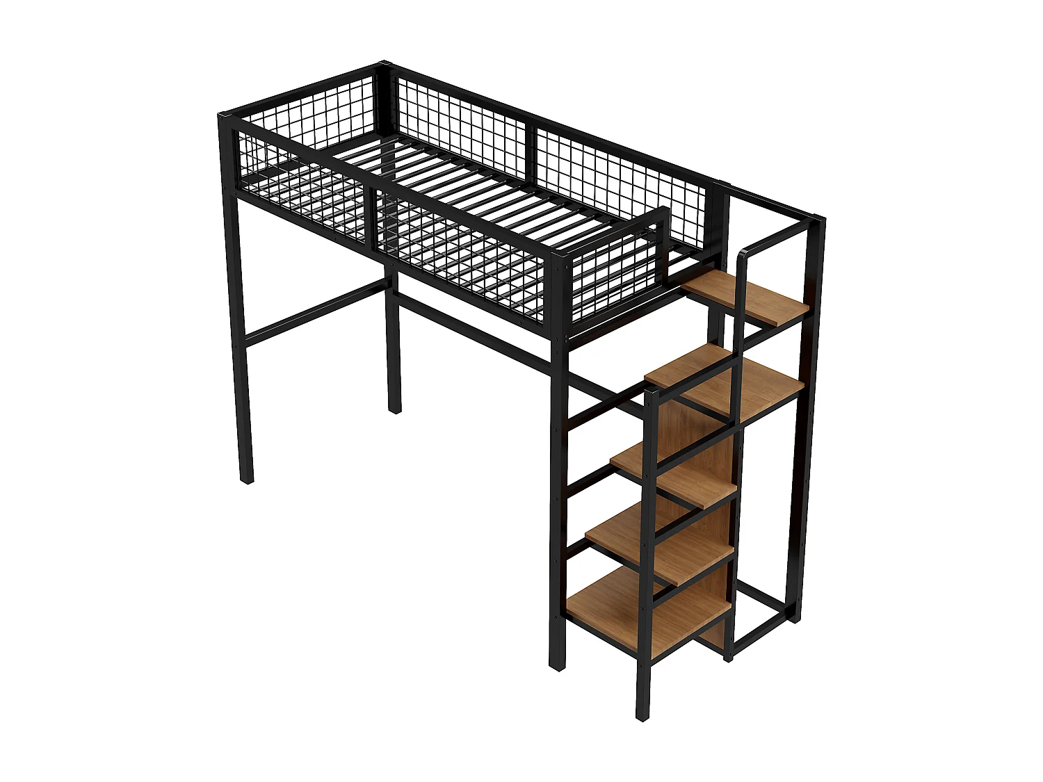 Mezzaninebed 90 x 200 cm met kledingkast, planken en opbergruimte - Metaal + MDF-hout - Zwart