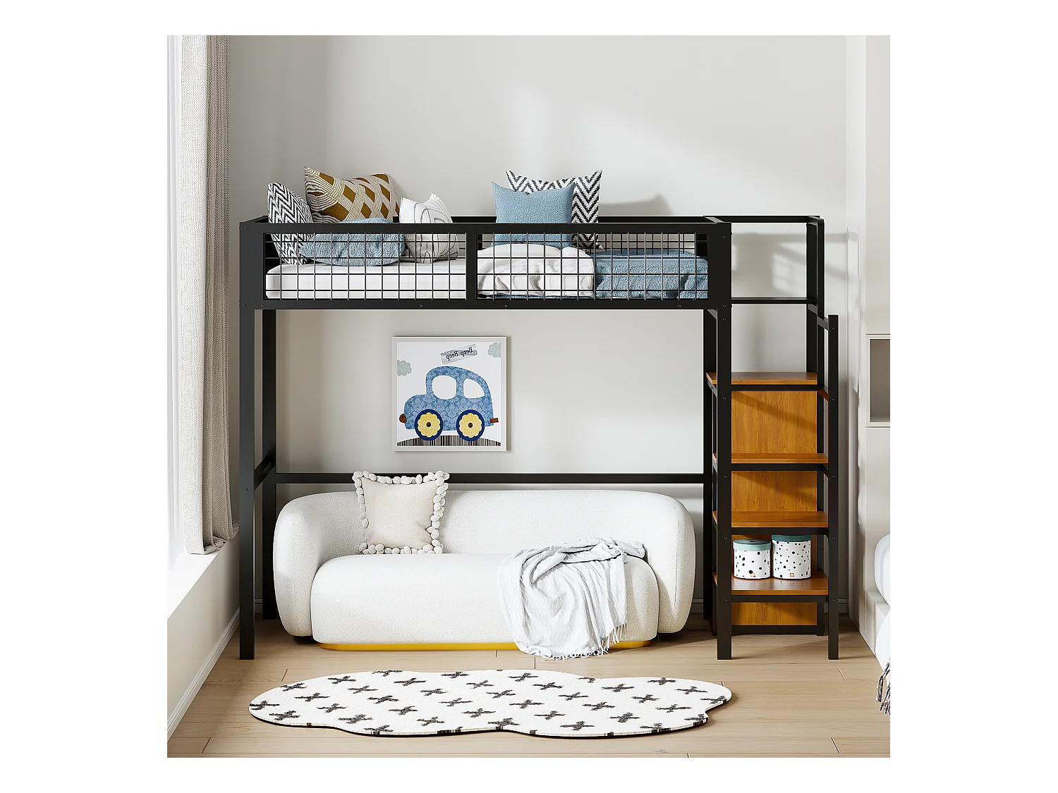 Cama mezanino 90 x 200 cm com guarda-roupa, prateleiras e armazenamento - Metal + madeira MDF - Preto