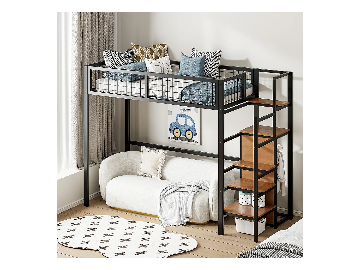 Cama mezanino 90 x 200 cm com guarda-roupa, prateleiras e armazenamento - Metal + madeira MDF - Preto
