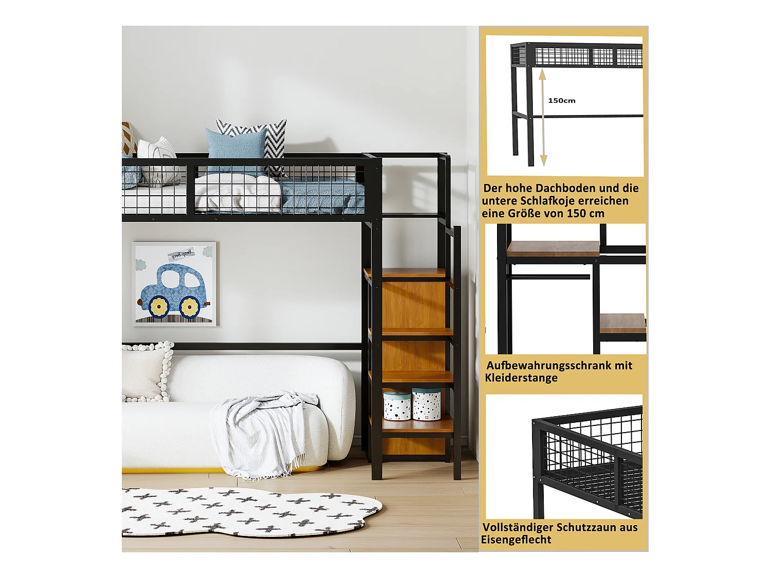 Cama mezanino 90 x 200 cm com guarda-roupa, prateleiras e armazenamento - Metal + madeira MDF - Preto
