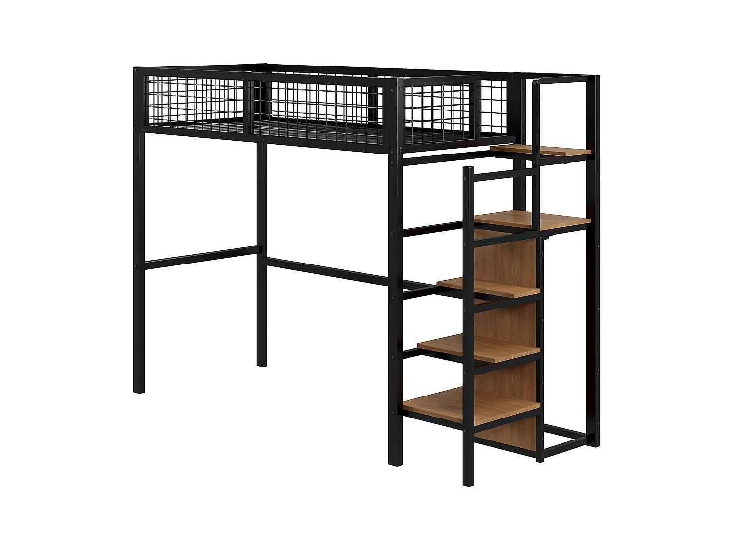 Cama mezanino 90 x 200 cm com guarda-roupa, prateleiras e armazenamento - Metal + madeira MDF - Preto