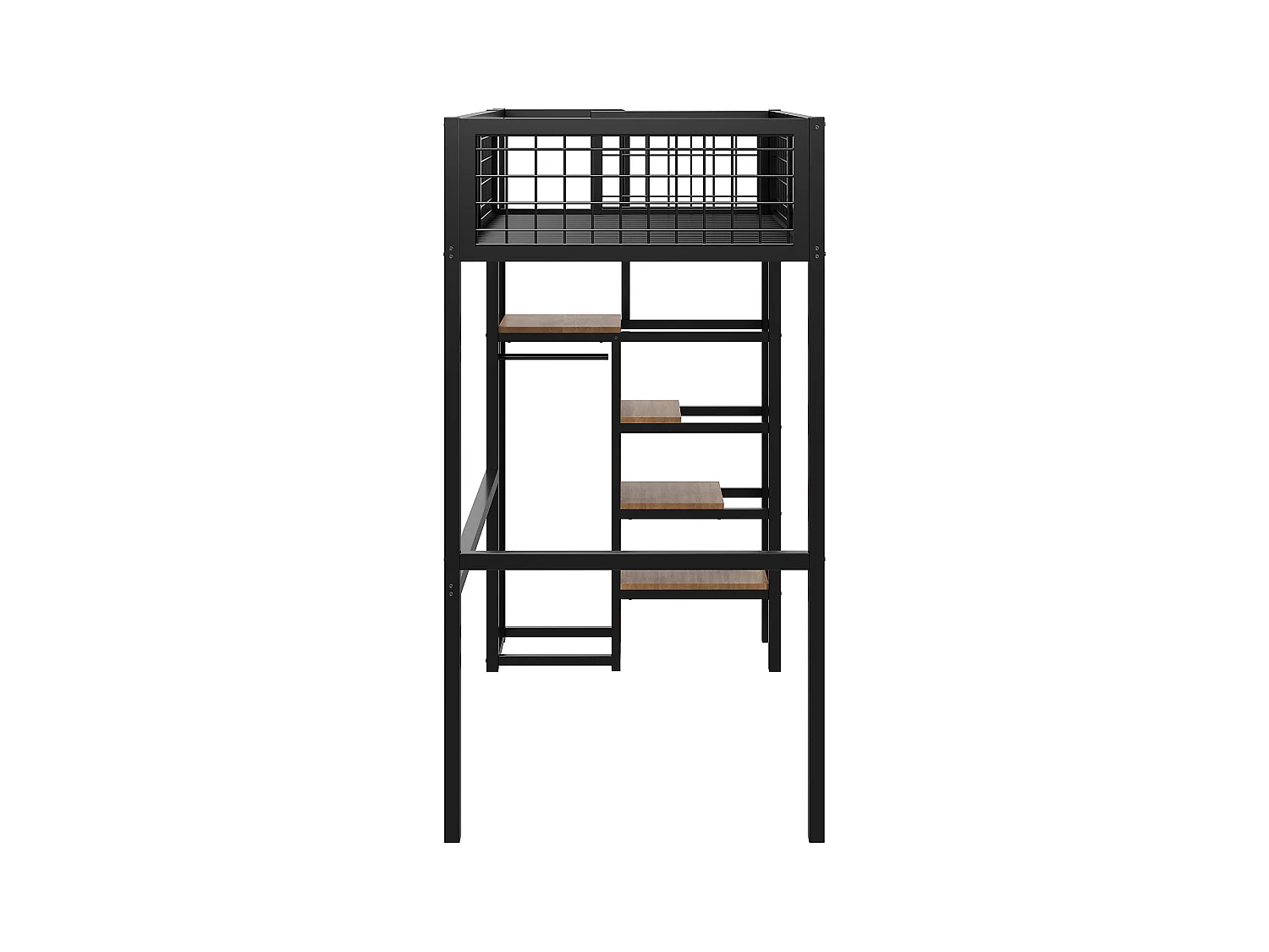 Cama mezanino 90 x 200 cm com guarda-roupa, prateleiras e armazenamento - Metal + madeira MDF - Preto