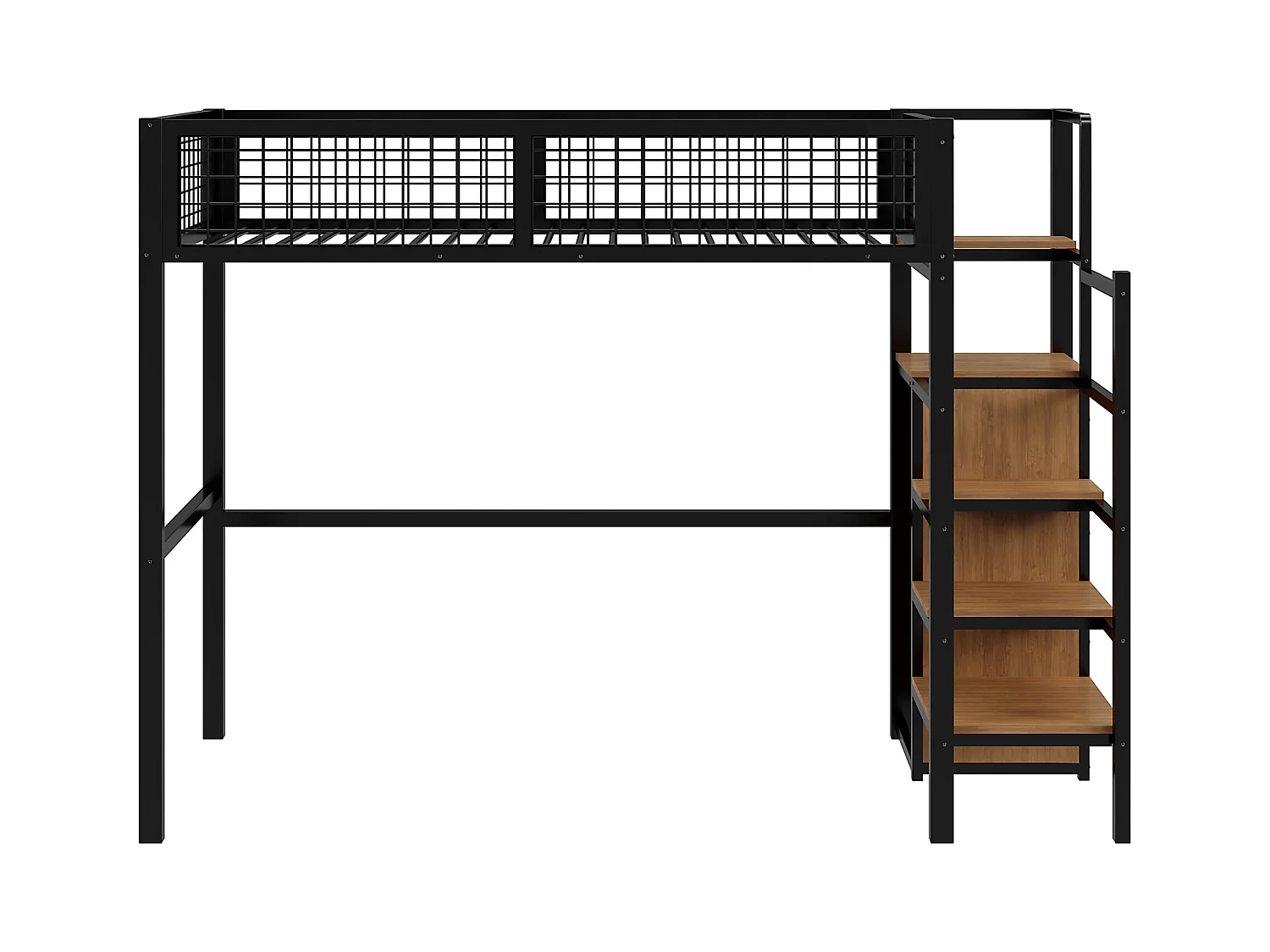 Cama mezanino 90 x 200 cm com guarda-roupa, prateleiras e armazenamento - Metal + madeira MDF - Preto