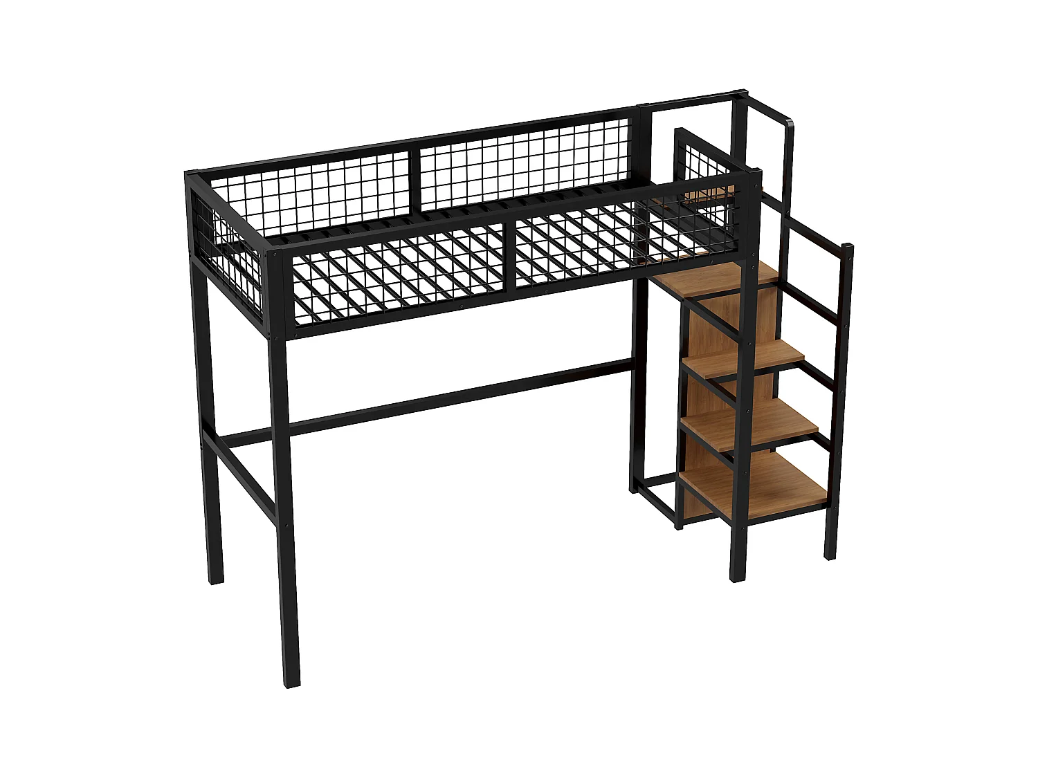 Cama mezanino 90 x 200 cm com guarda-roupa, prateleiras e armazenamento - Metal + madeira MDF - Preto