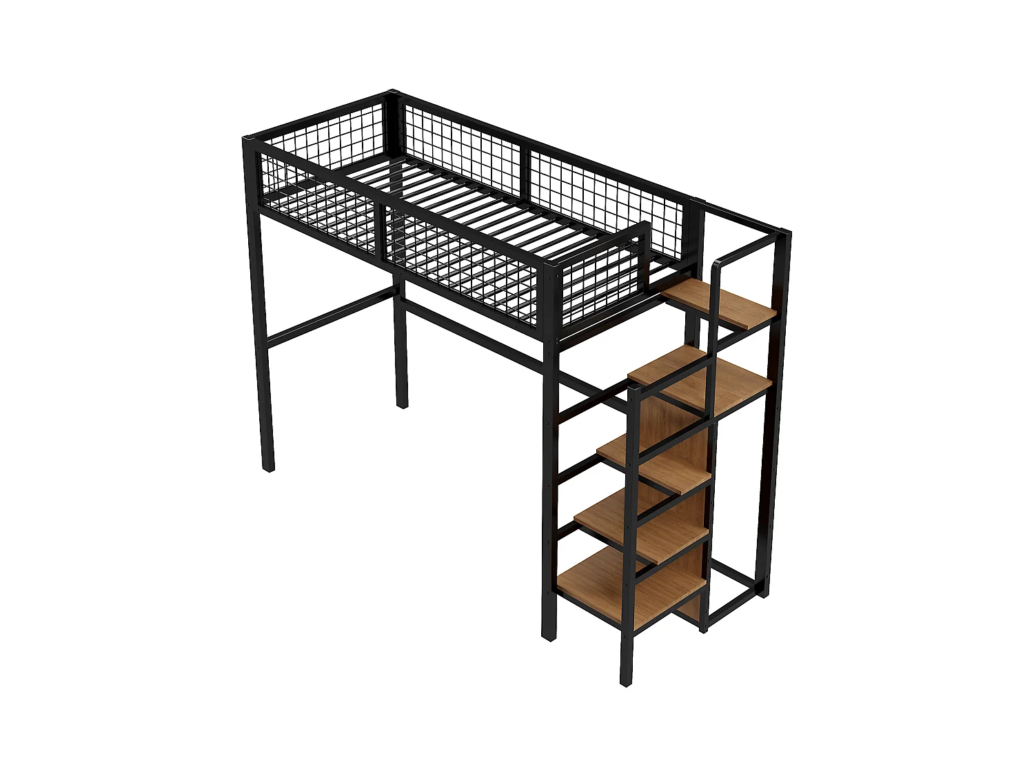 Cama mezanino 90 x 200 cm com guarda-roupa, prateleiras e armazenamento - Metal + madeira MDF - Preto