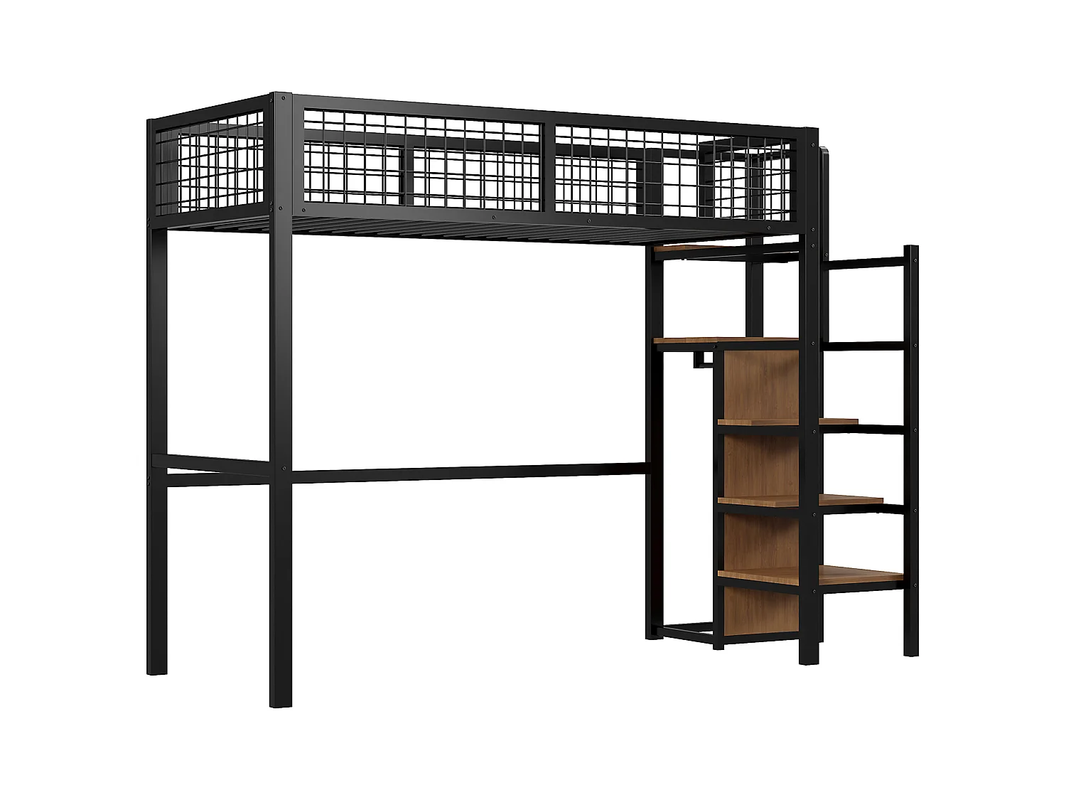 Cama mezanino 90 x 200 cm com guarda-roupa, prateleiras e armazenamento - Metal + madeira MDF - Preto