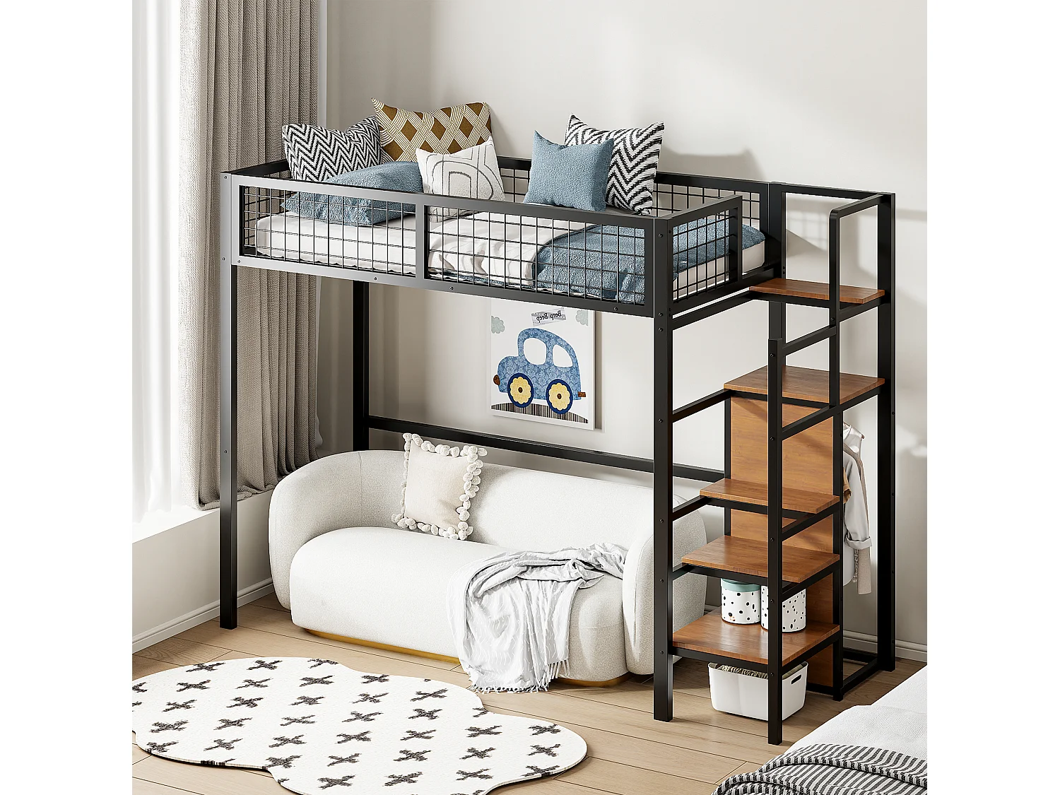 Mezzaninebed 90 x 200 cm met kledingkast, planken en opbergruimte - Metaal + MDF-hout - Zwart