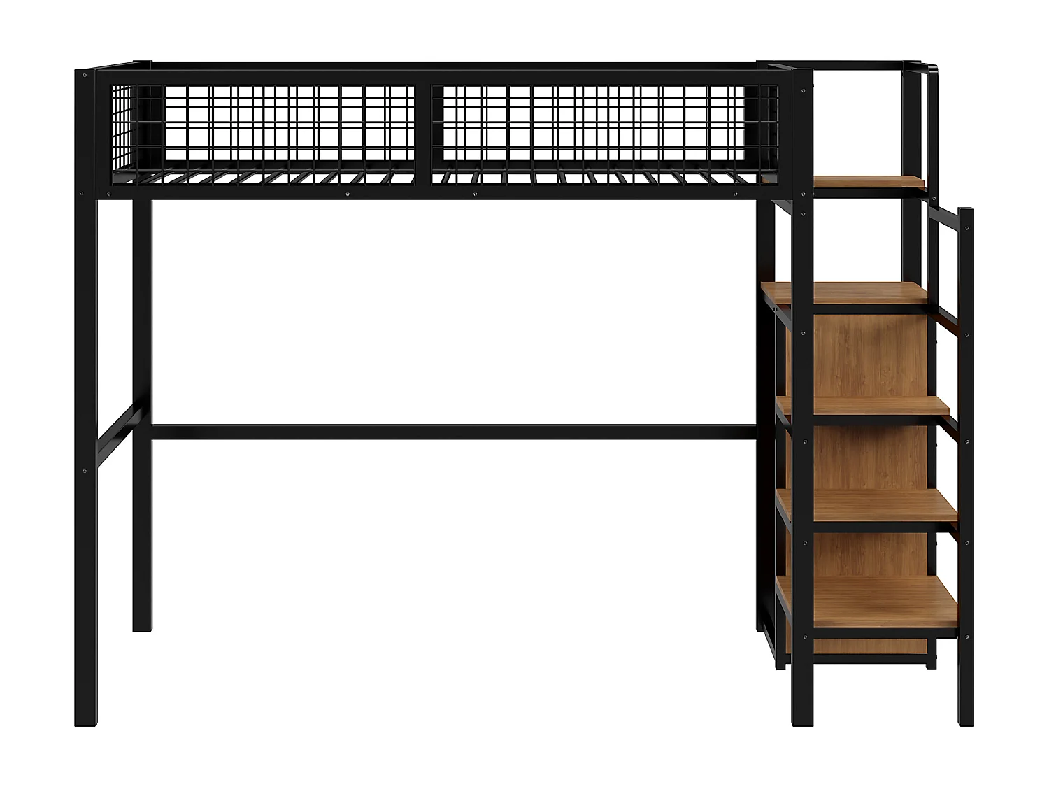 Mezzaninebed 90 x 200 cm met kledingkast, planken en opbergruimte - Metaal + MDF-hout - Zwart