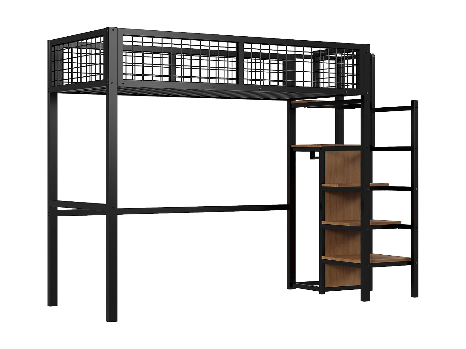 Mezzaninebed 90 x 200 cm met kledingkast, planken en opbergruimte - Metaal + MDF-hout - Zwart