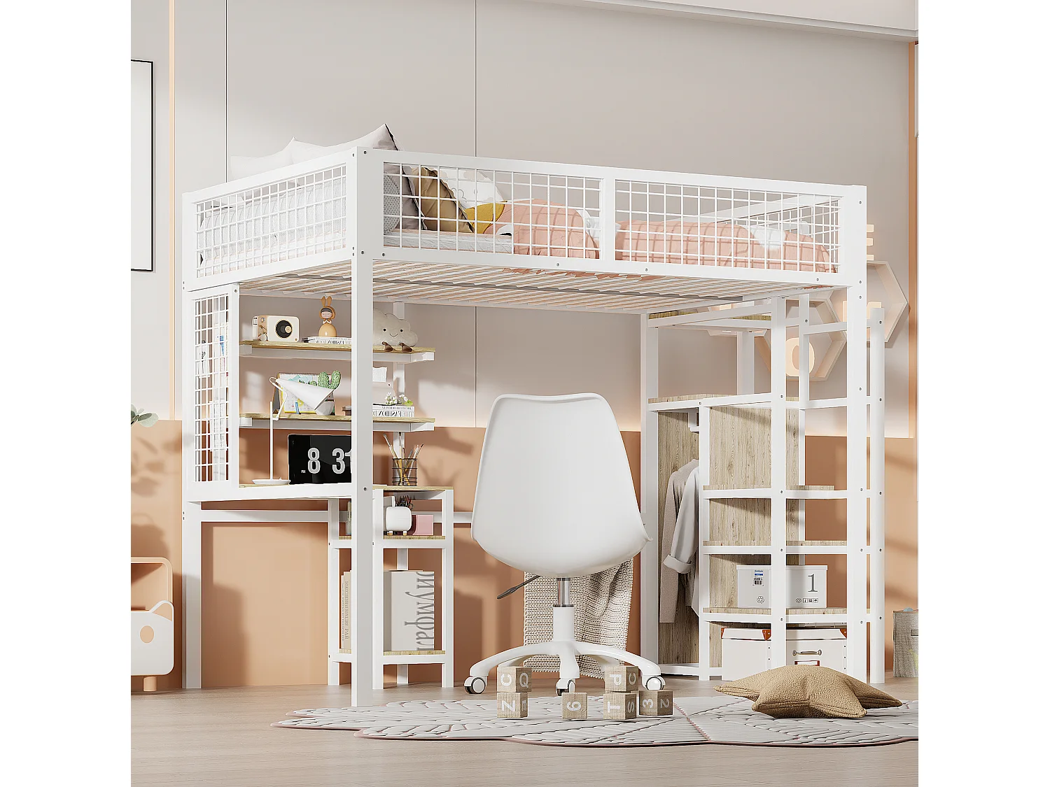 Lit mezzanine 140 x 200 cm avec bureau, étagères de ragement et armoir ouvert - Métal et bois MDF - Coloris blanc