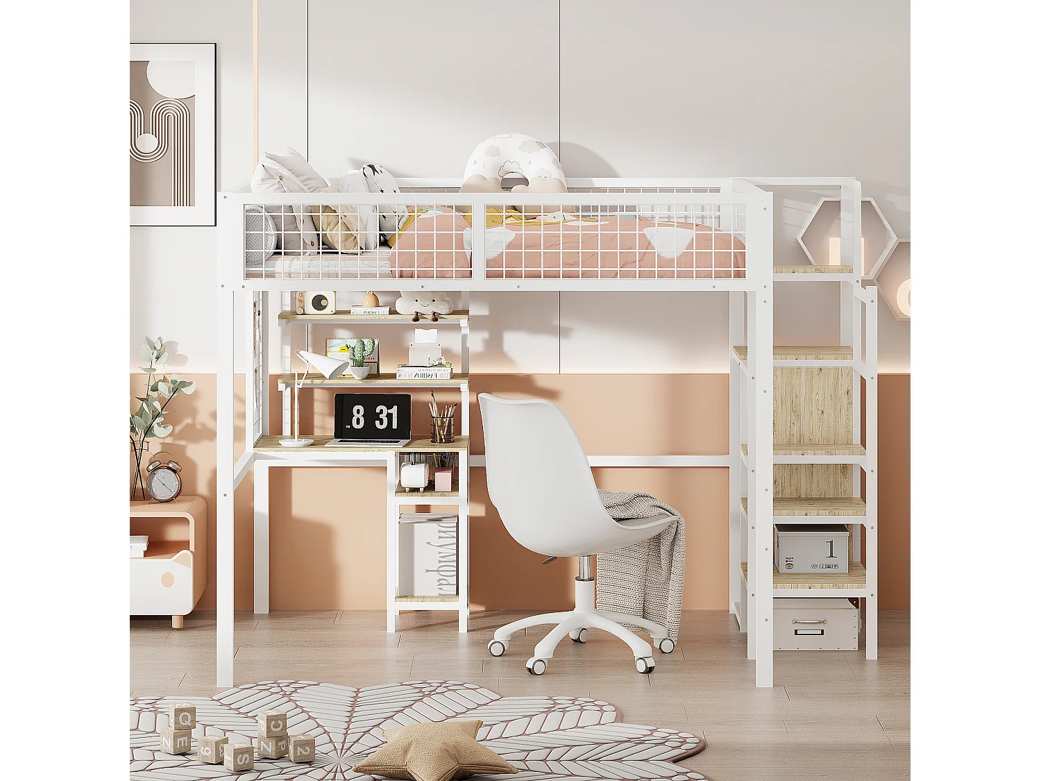 Lit mezzanine 140 x 200 cm avec bureau, étagères de ragement et armoir ouvert - Métal et bois MDF - Coloris blanc