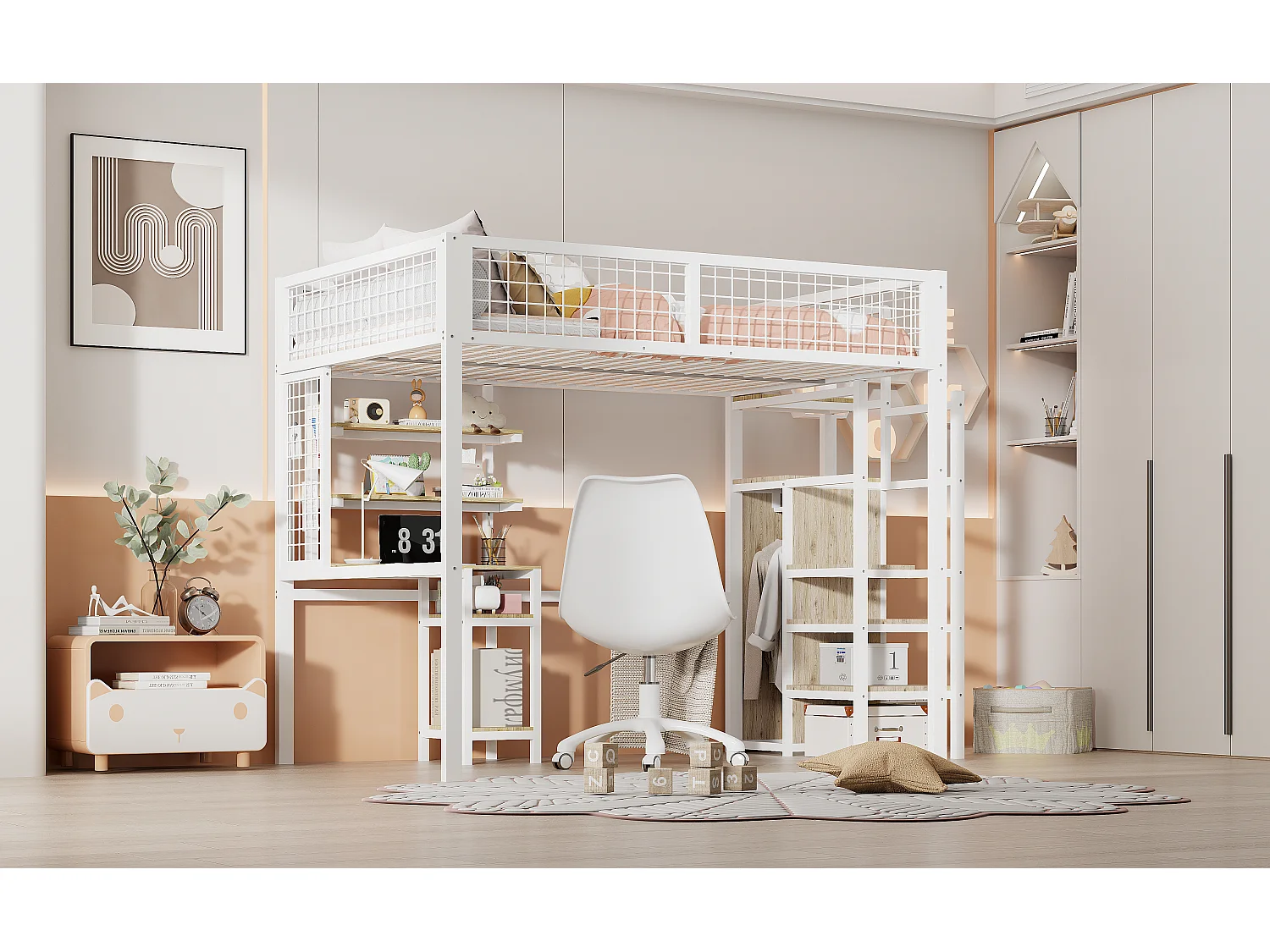 Lit mezzanine 140 x 200 cm avec bureau, étagères de ragement et armoir ouvert - Métal et bois MDF - Coloris blanc