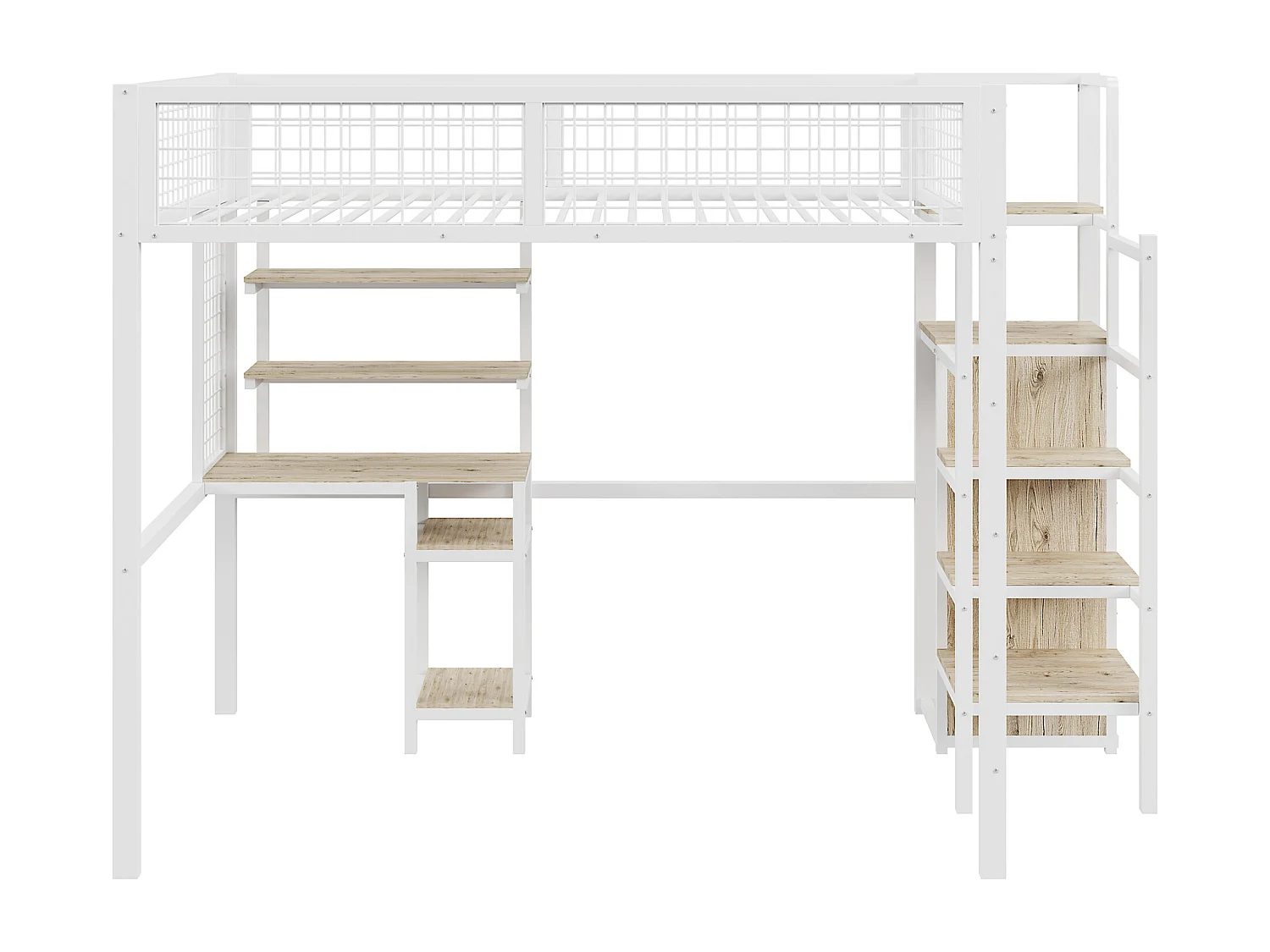 Lit mezzanine 140 x 200 cm avec bureau, étagères de ragement et armoir ouvert - Métal et bois MDF - Coloris blanc