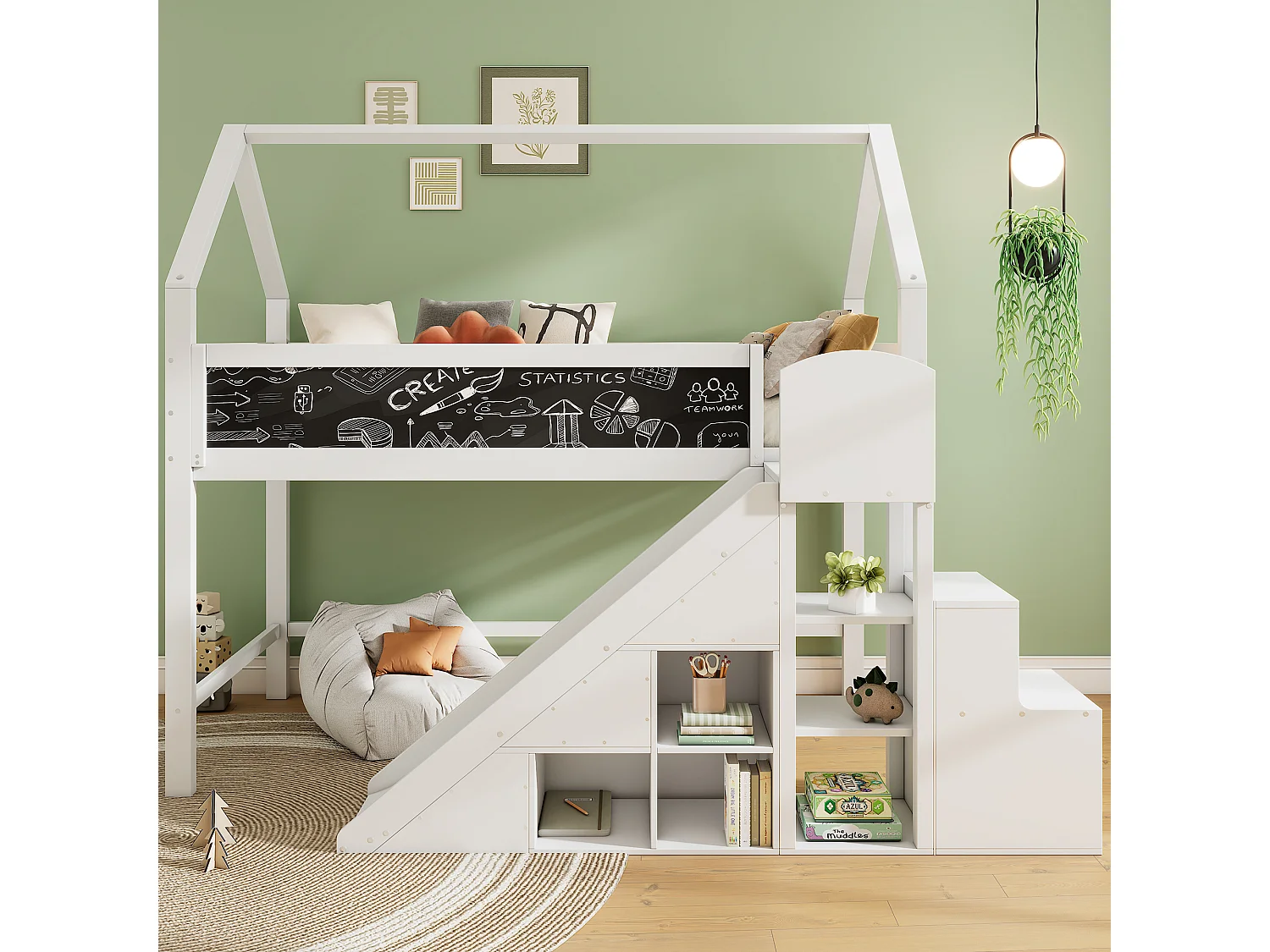 Mezzaninebed 90 x 200 cm met glijbaan, opbergplanken en schoolbord - grenenhout - witte kleur