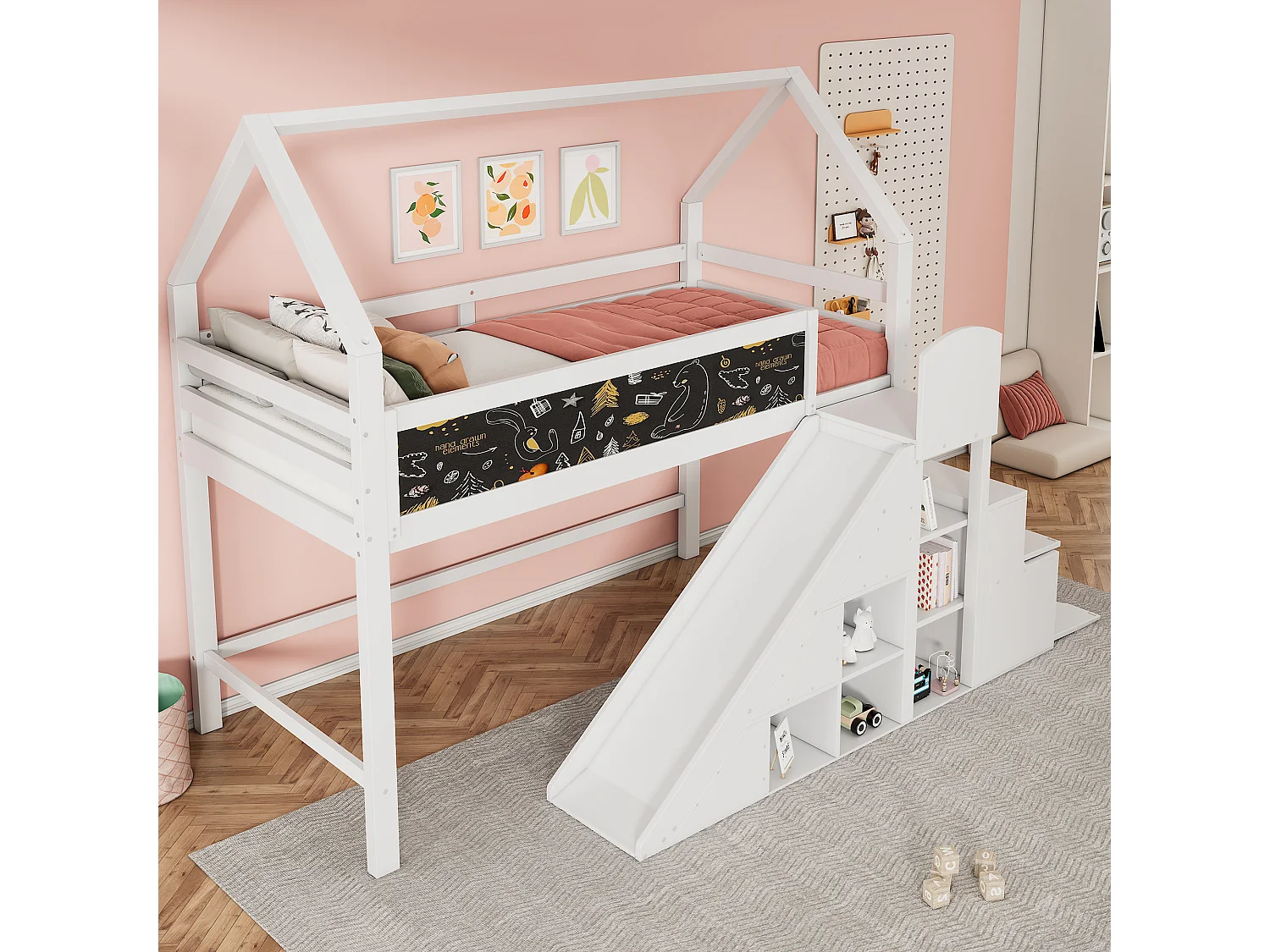 Mezzaninebed 90 x 200 cm met glijbaan, opbergplanken en schoolbord - grenenhout - witte kleur