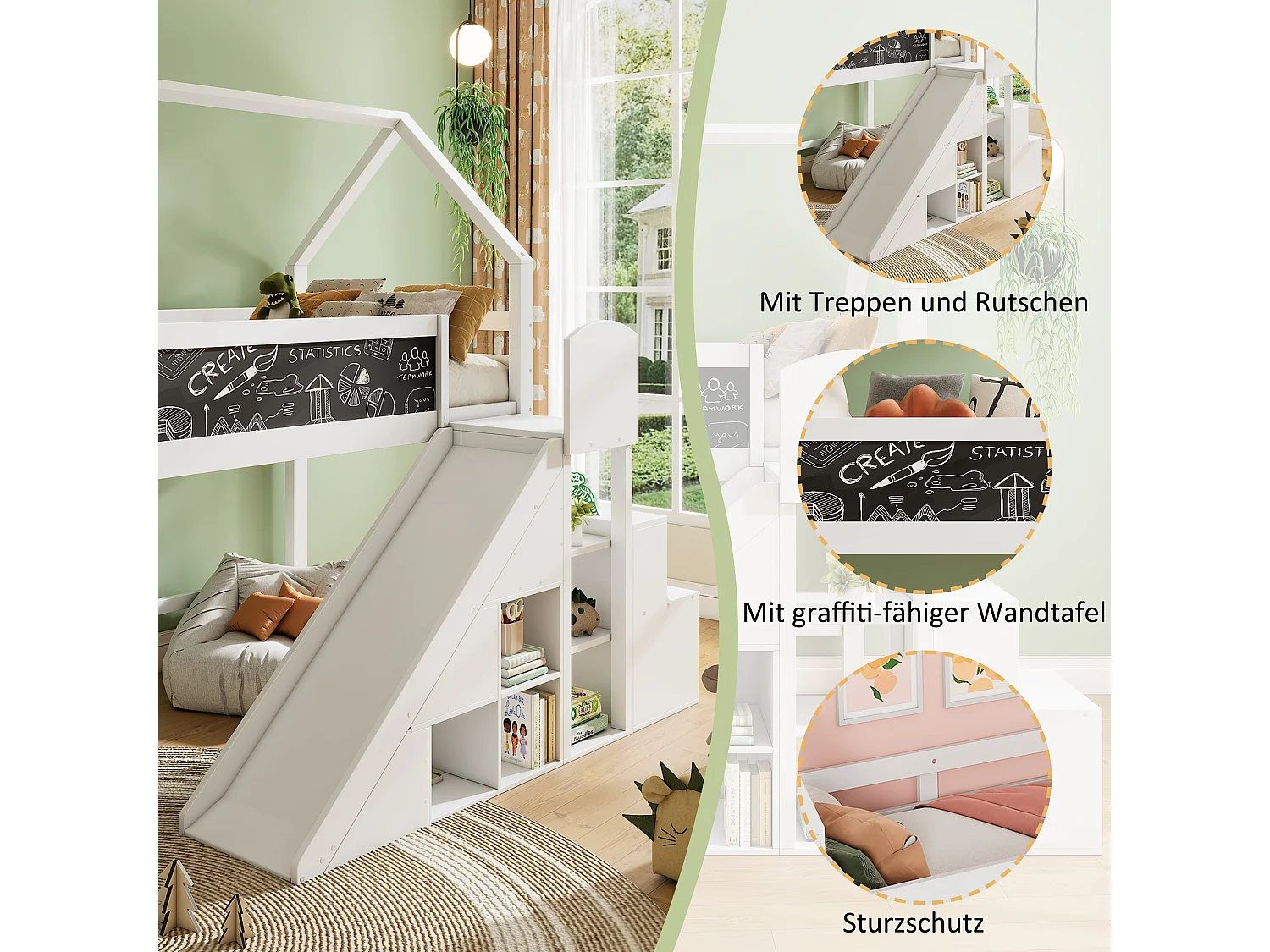 Mezzaninebed 90 x 200 cm met glijbaan, opbergplanken en schoolbord - grenenhout - witte kleur