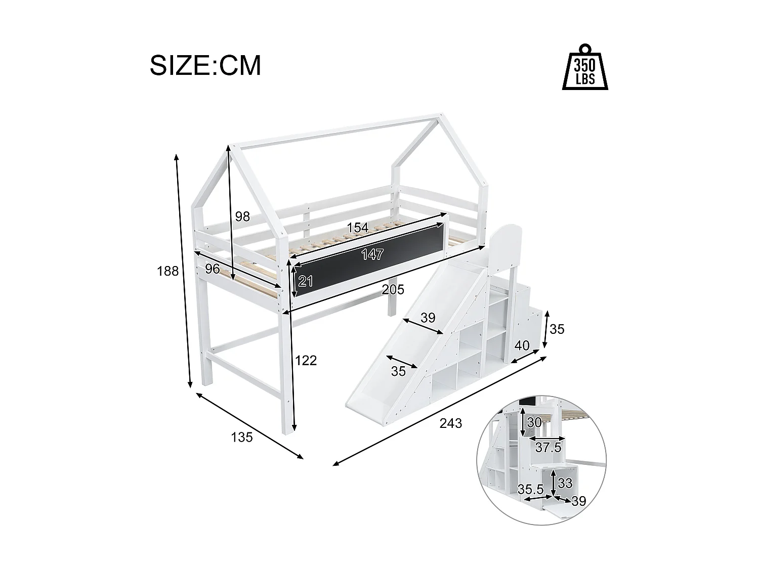 Mezzaninebed 90 x 200 cm met glijbaan, opbergplanken en schoolbord - grenenhout - witte kleur