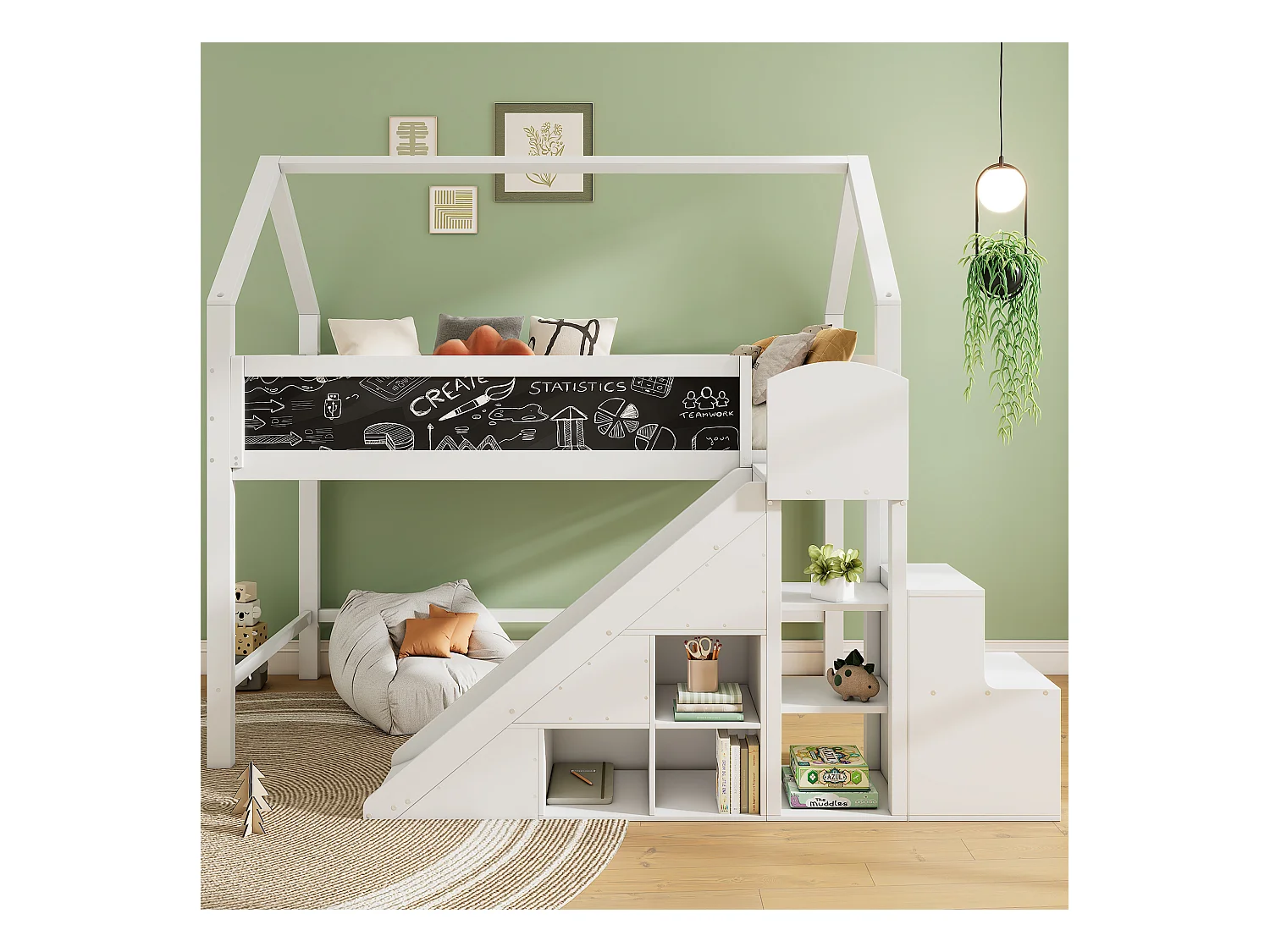Lit mezzanine 90 x 200 cm avec toboggan, étagères de rangement et tableau noir - bois de pin - coloris blanc
