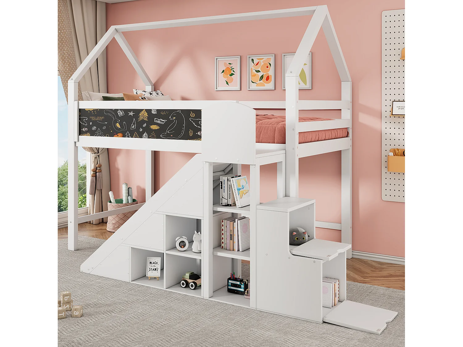 Lit mezzanine 90 x 200 cm avec toboggan, étagères de rangement et tableau noir - bois de pin - coloris blanc