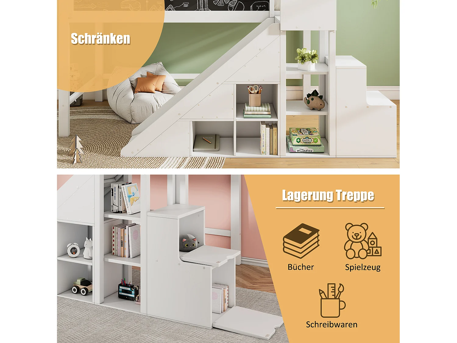 Lit mezzanine 90 x 200 cm avec toboggan, étagères de rangement et tableau noir - bois de pin - coloris blanc