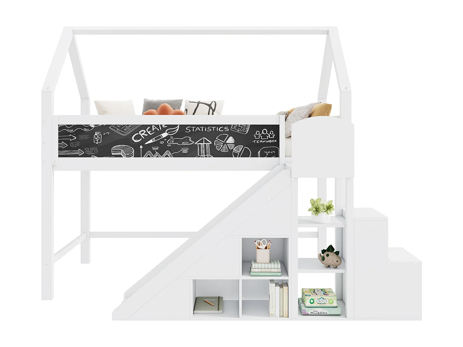 Lit mezzanine 90 x 200 cm avec toboggan, étagères de rangement et tableau noir - bois de pin - coloris blanc