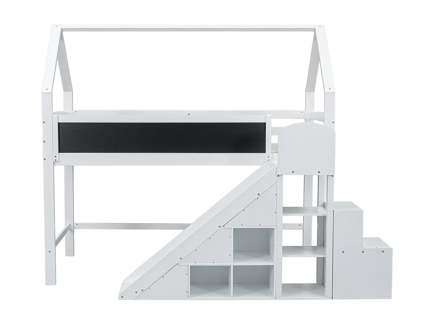 Lit mezzanine 90 x 200 cm avec toboggan, étagères de rangement et tableau noir - bois de pin - coloris blanc