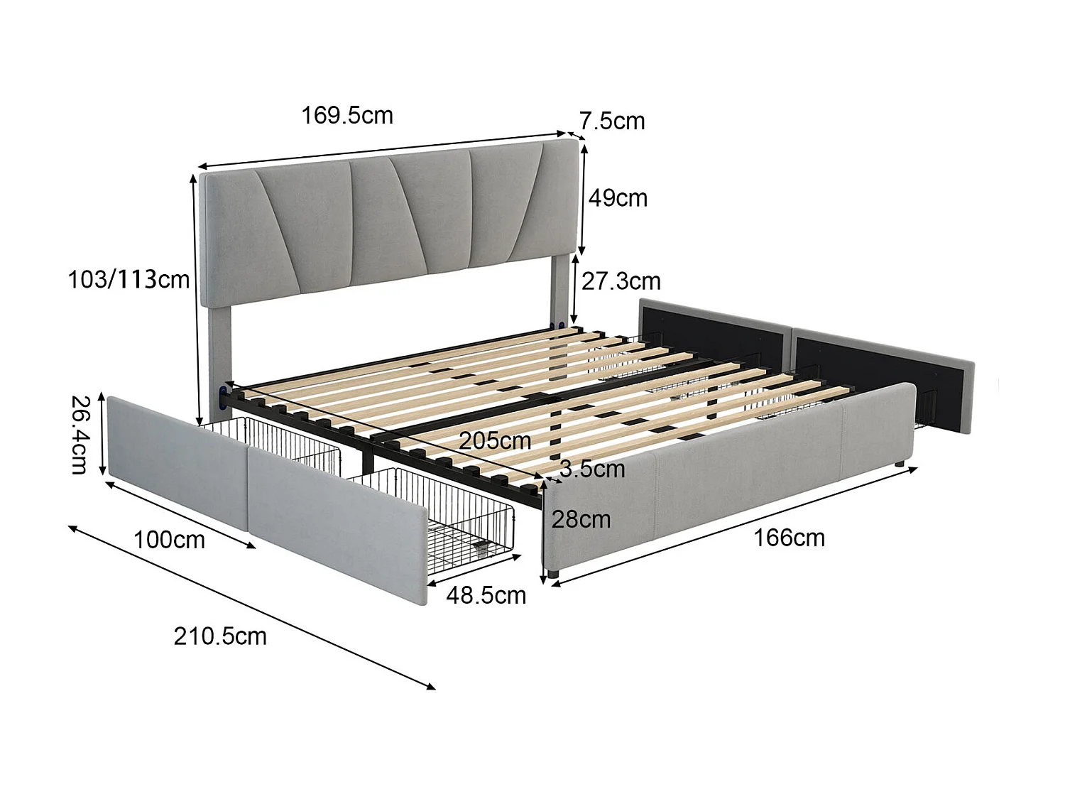 Cama para adultos 160x200cm en tejido de terciopelo - con 4 cajones - cabecero regulable y somier de láminas - Gris