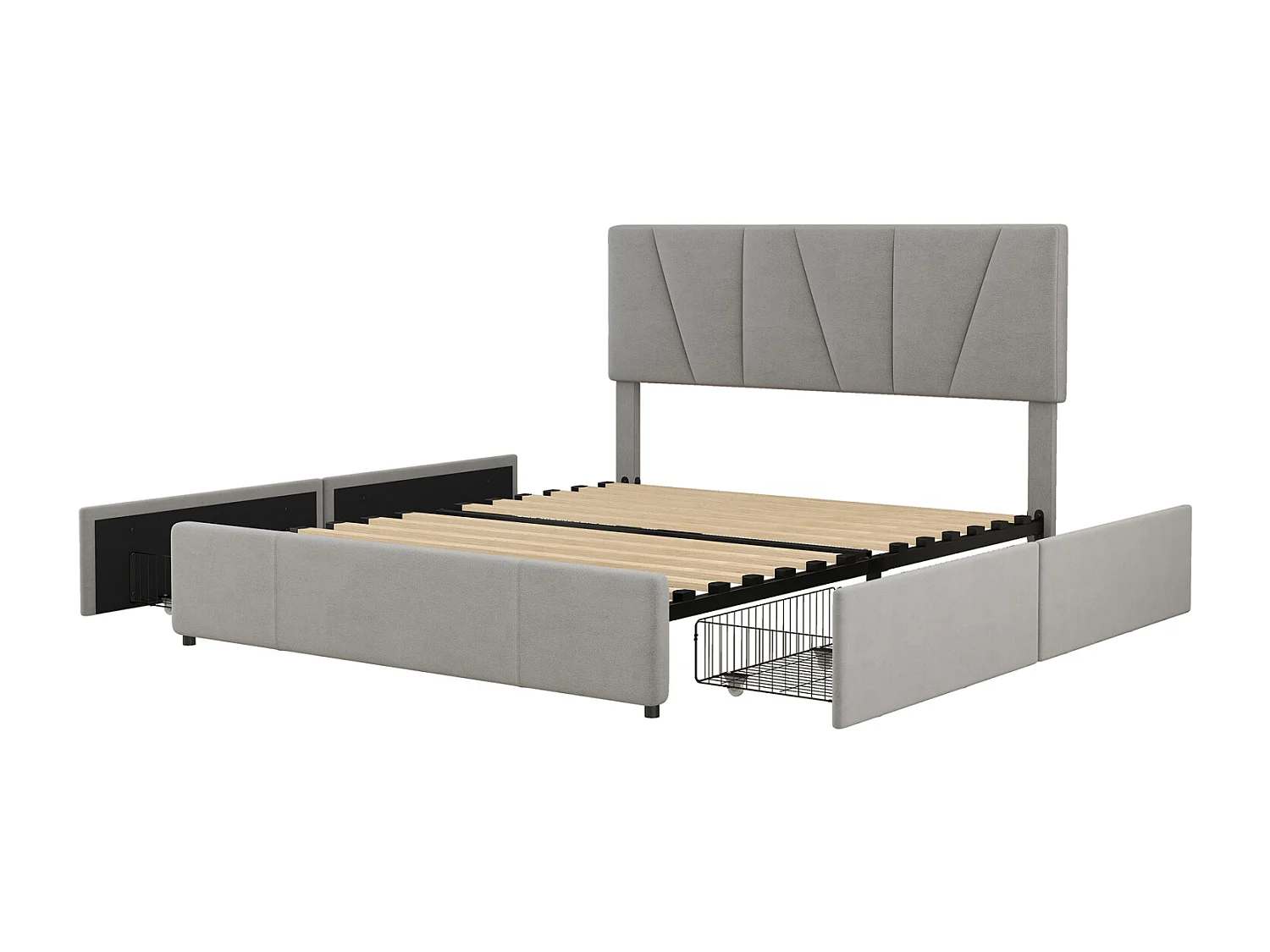 Cama para adultos 160x200cm en tejido de terciopelo - con 4 cajones - cabecero regulable y somier de láminas - Gris