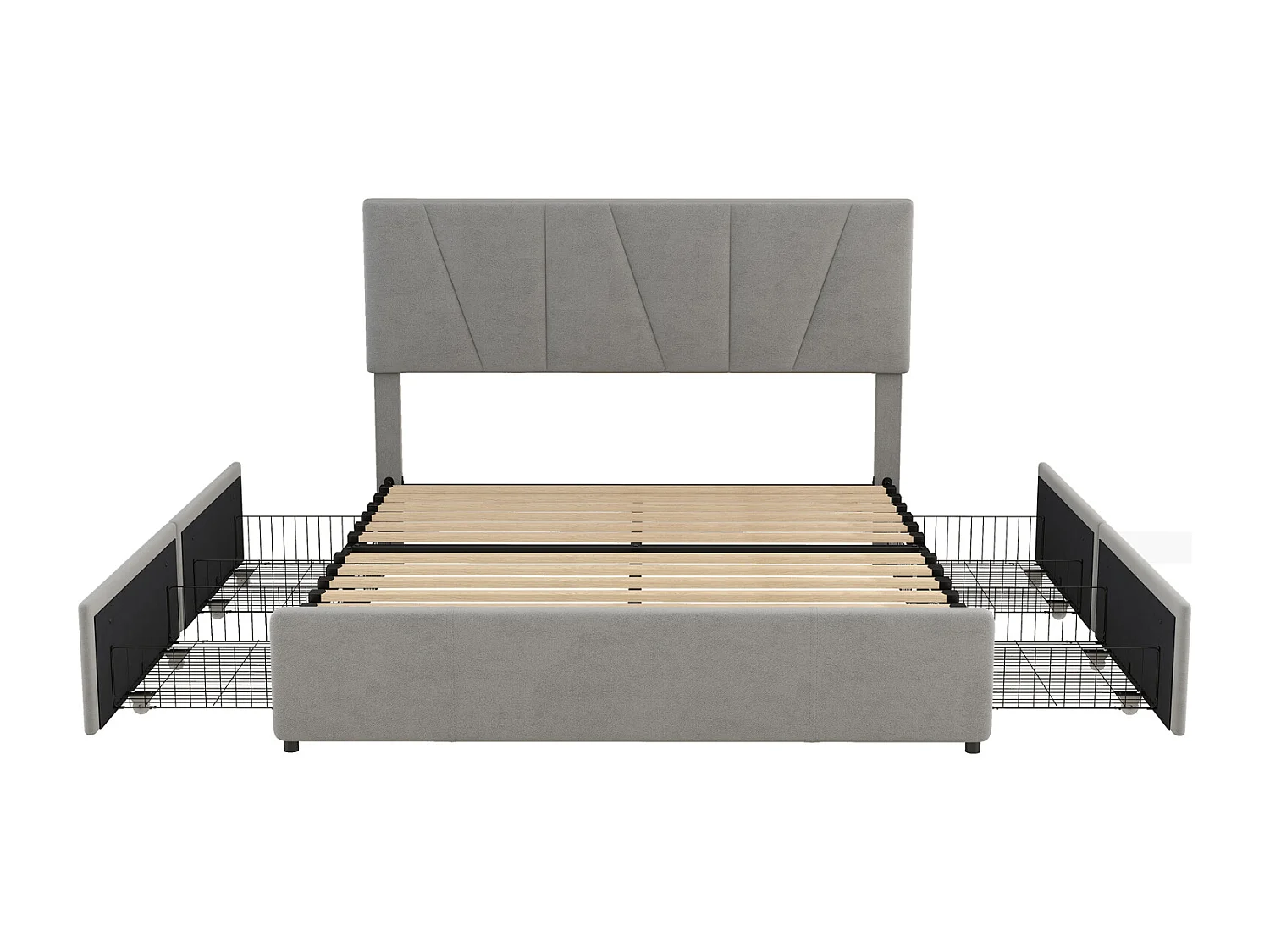 Lit adulte 140x200cm en tissu velours - avec 4 tiroirs - tête de lit réglable et sommier à lattes - Gris