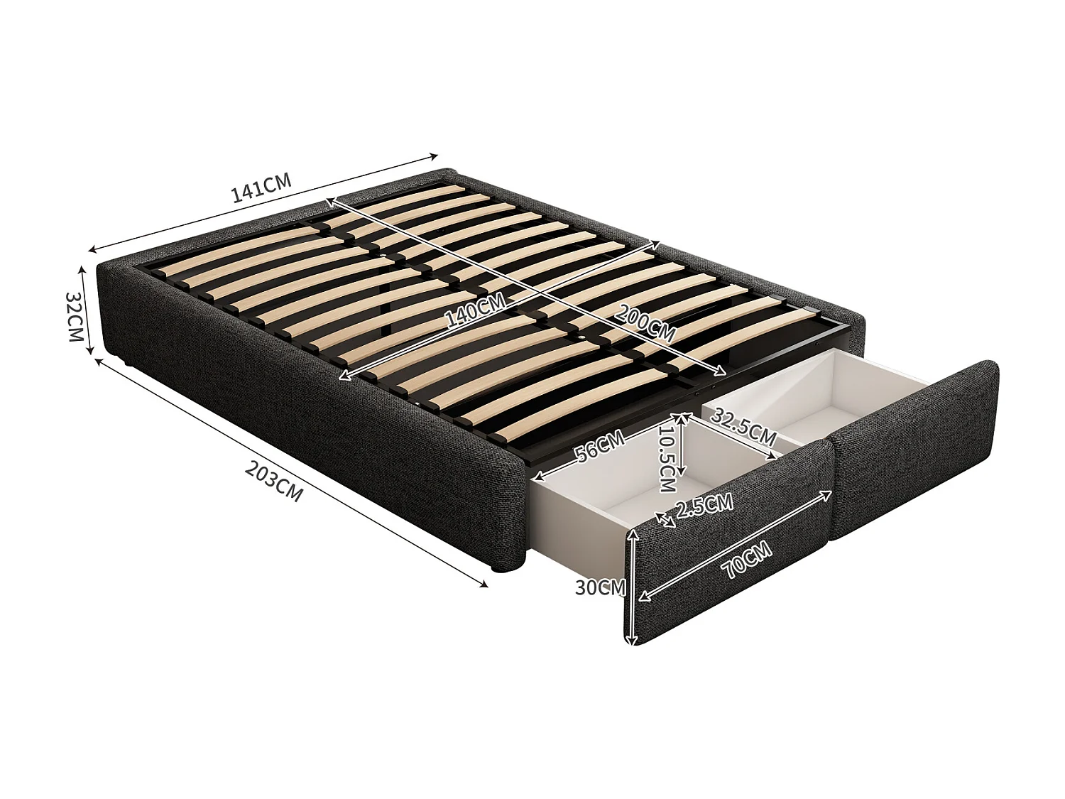 Opbergbed 140x200cm in linnen stof met 2 lades - lattenbodem - zonder hoofdbord - Grijs