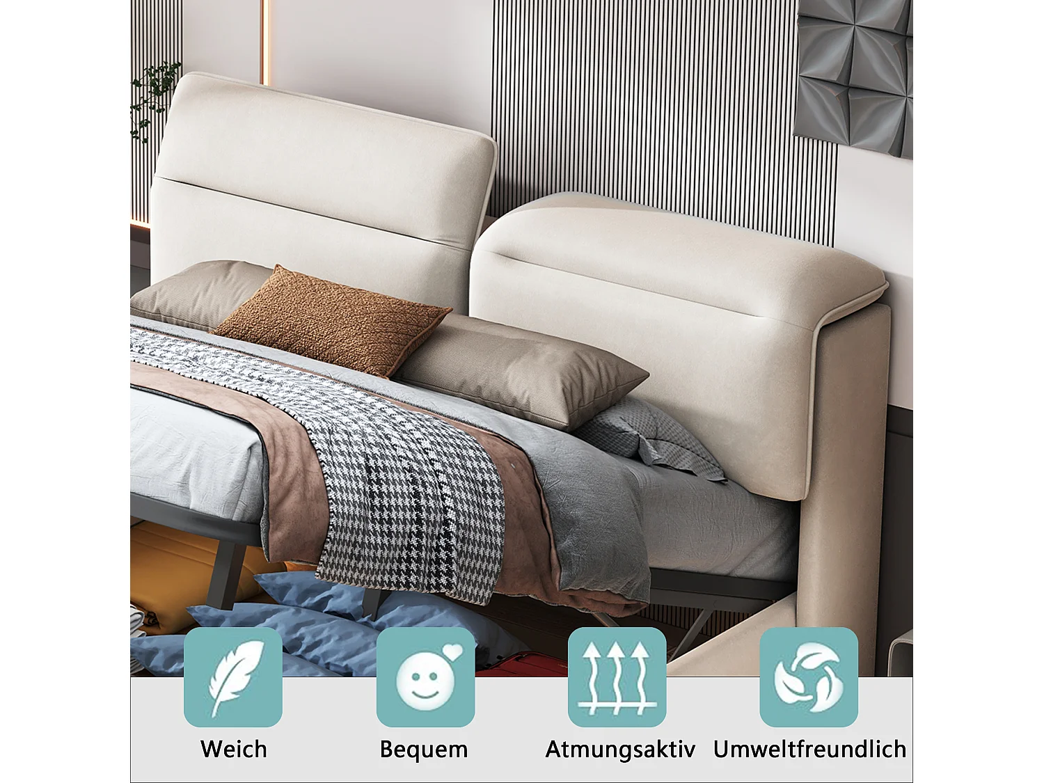 140x200cm opbergbed in fluwelen stof - met opklapbaar hoofdbord en lattenbodem - Beige