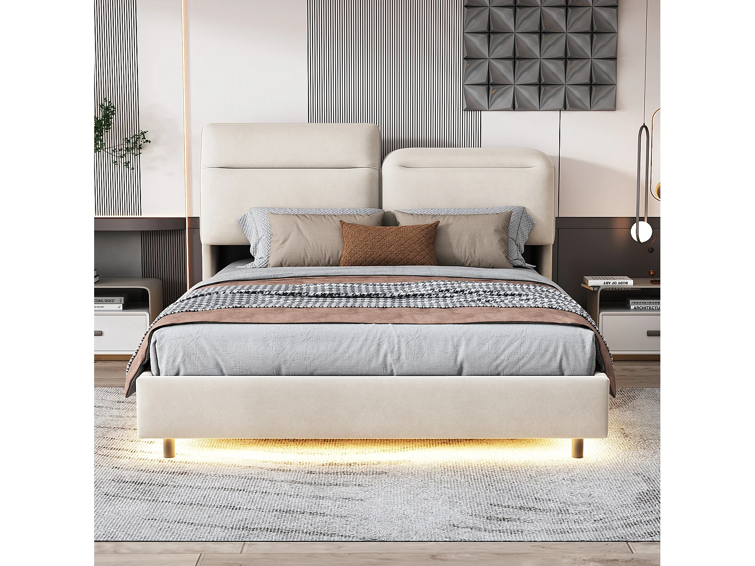 Lit coffre 140x200cm en tissu velous - avec tête de lit pliante et sommier à lattes - Beige