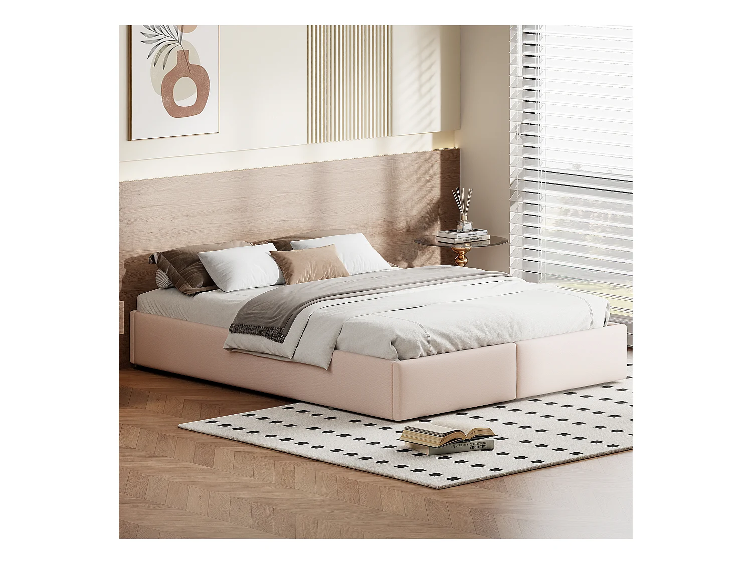 Lit coffre 140x200cm en tissu lin avec 2 tiroirs - sommier à lattes - sans tête de lit - Beige