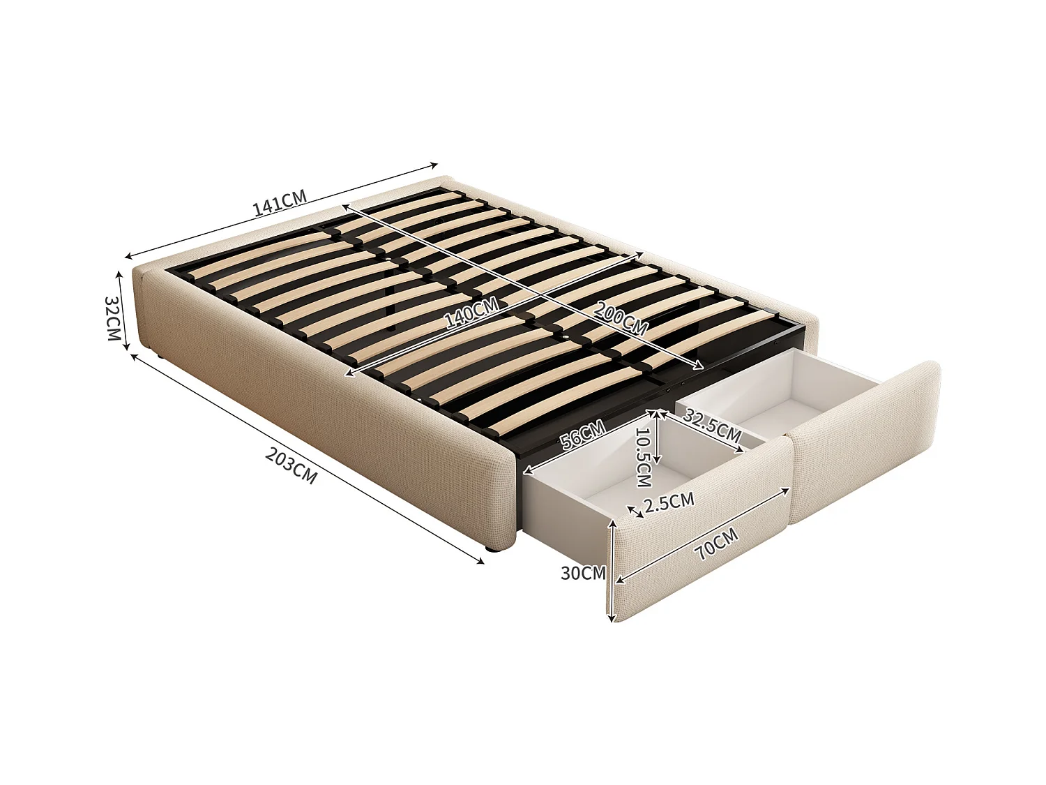 Lit coffre 140x200cm en tissu lin avec 2 tiroirs - sommier à lattes - sans tête de lit - Beige